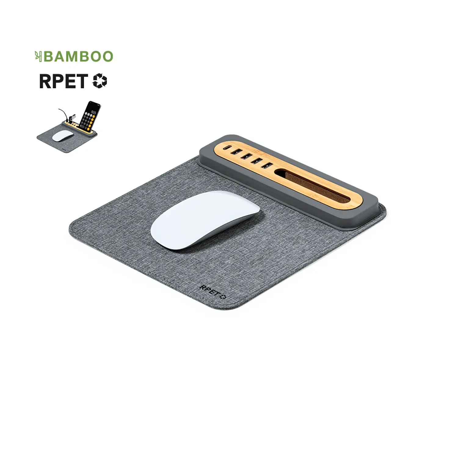 Mouse pad con hub USB – 4 porte | RPET e bambù | Antiscivolo | Con type-C