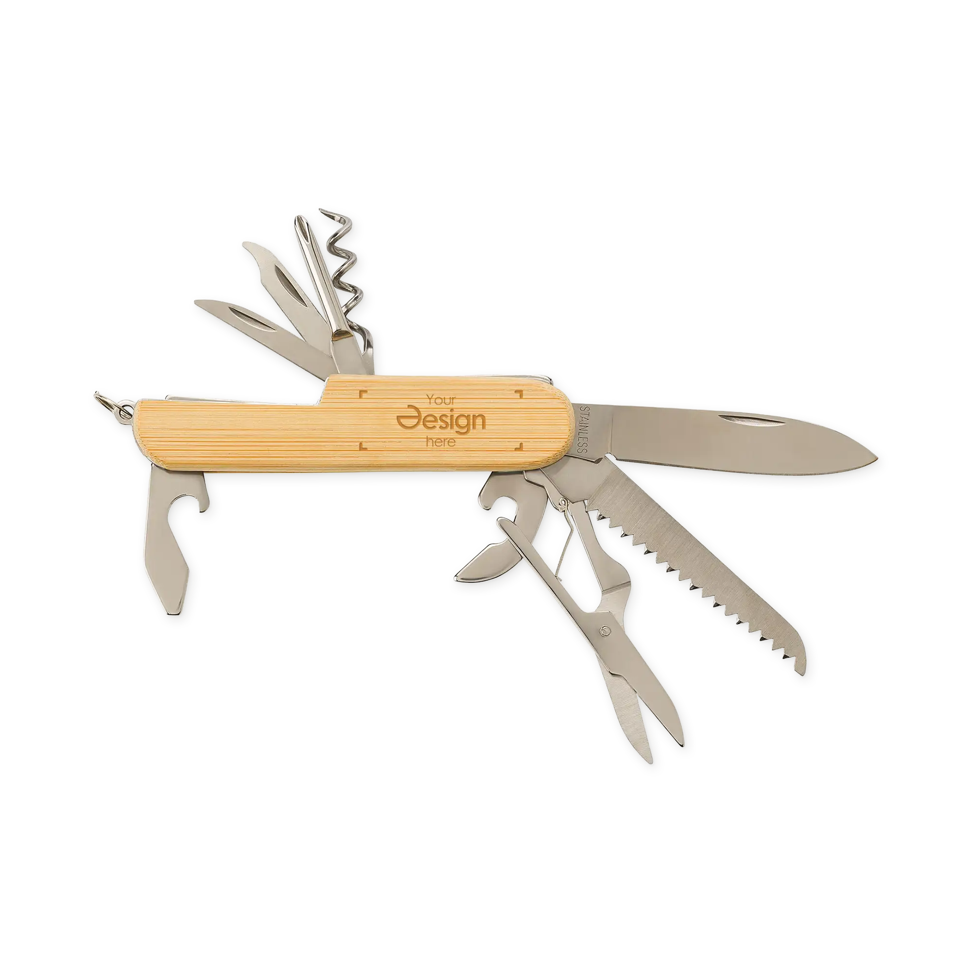 Taschenmesser mit Bambusgriff – 9 Funktionen | Schlüsselring | Natürlich | Leicht