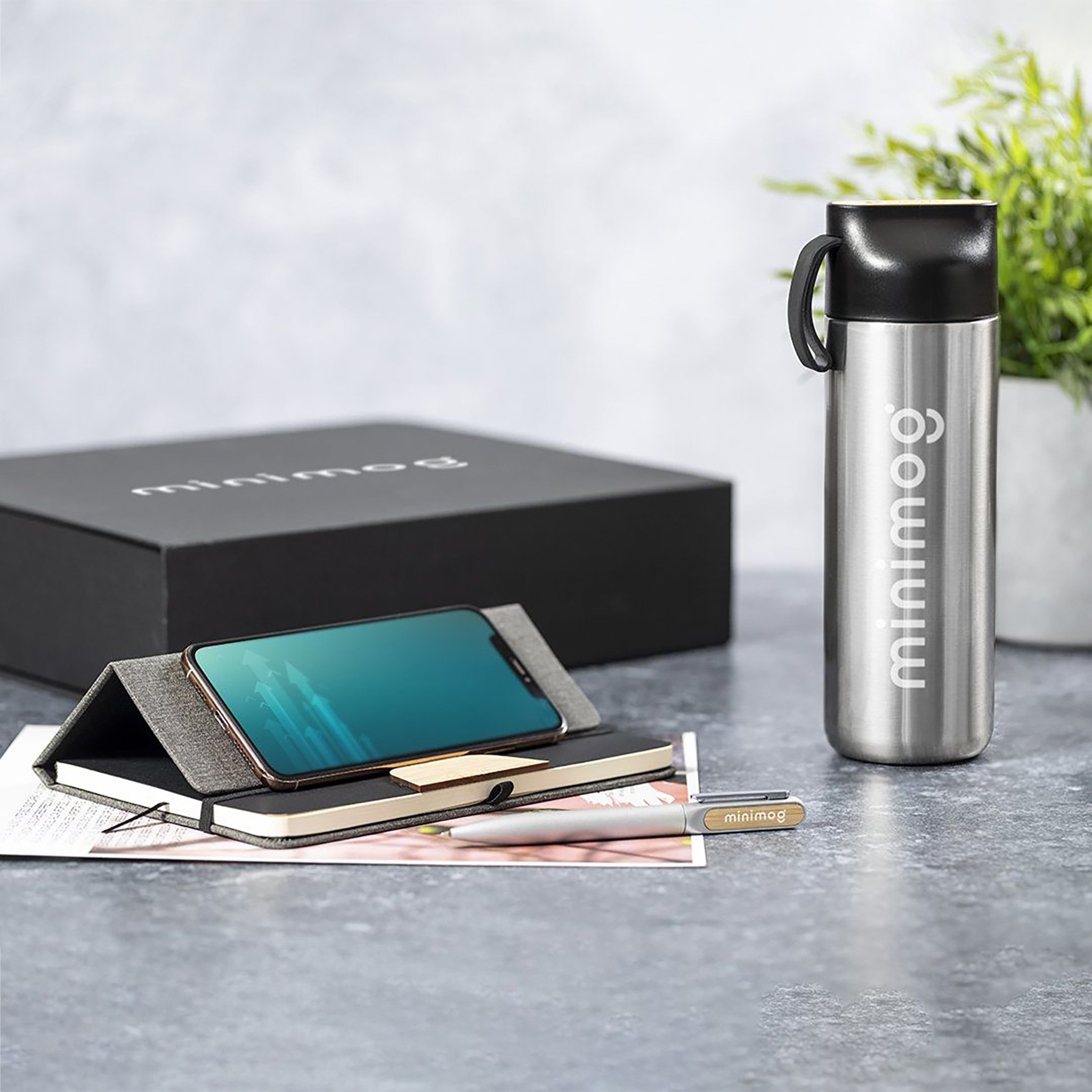 Geschenkset - Thermobecher + Notizbuch + Stift | 640 ml | Edelstahl & Bambus