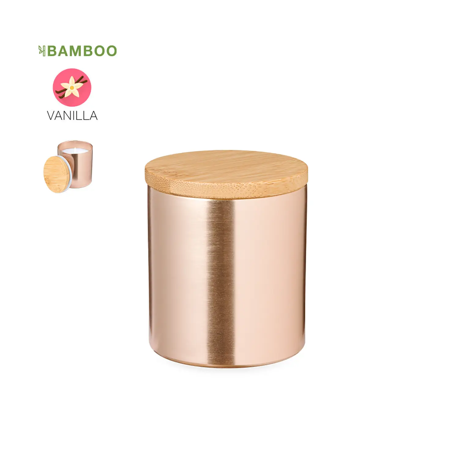 Candela in alluminio con coperchio bambù – Vaniglia | Riutilizzabile | Naturale