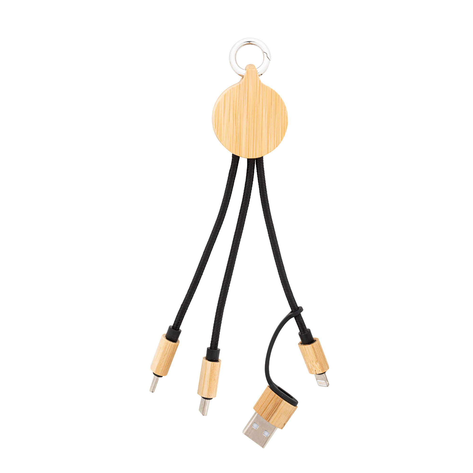 Mini USB-oplaadkabel – RPET & bamboe | 3-in-1 connectors | Met sleutelhanger