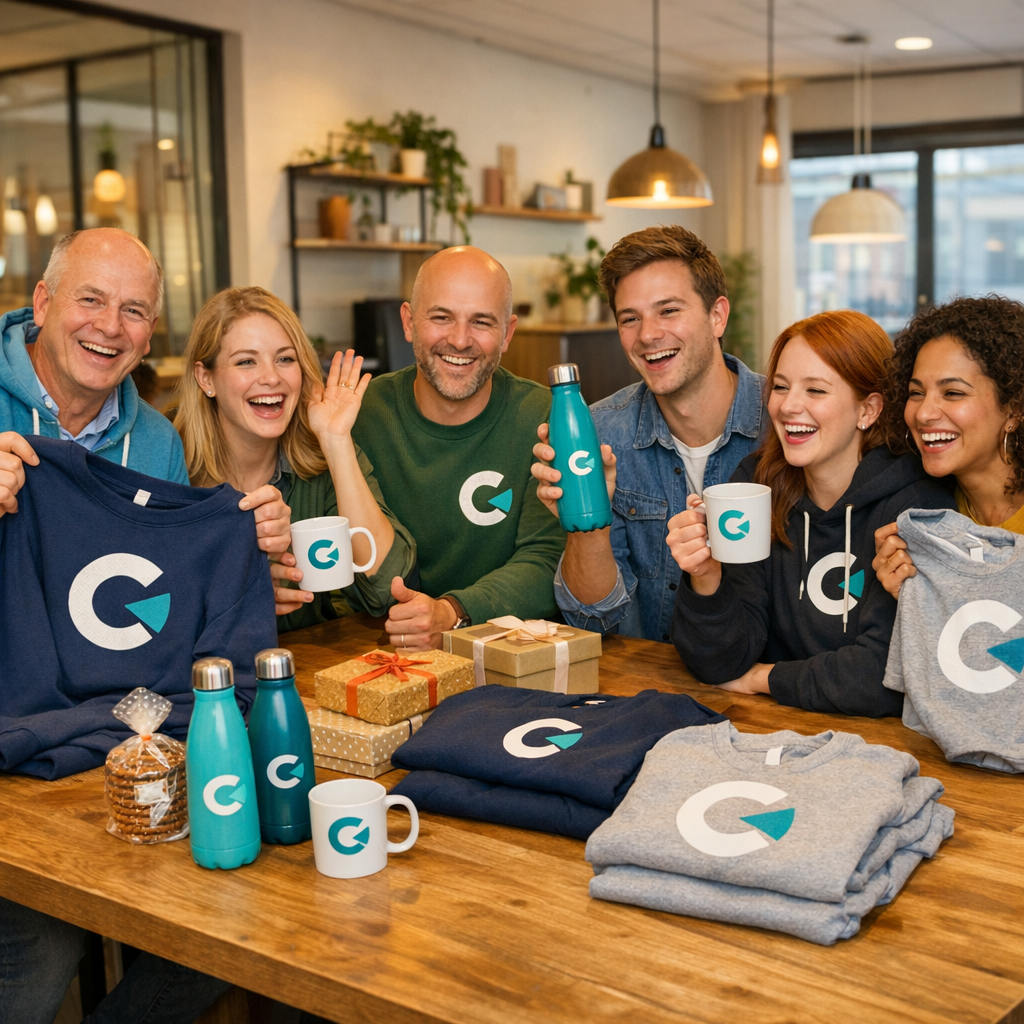 Blijde-medewerkers-met-goedkope-promotieartikelen op een houten tafel