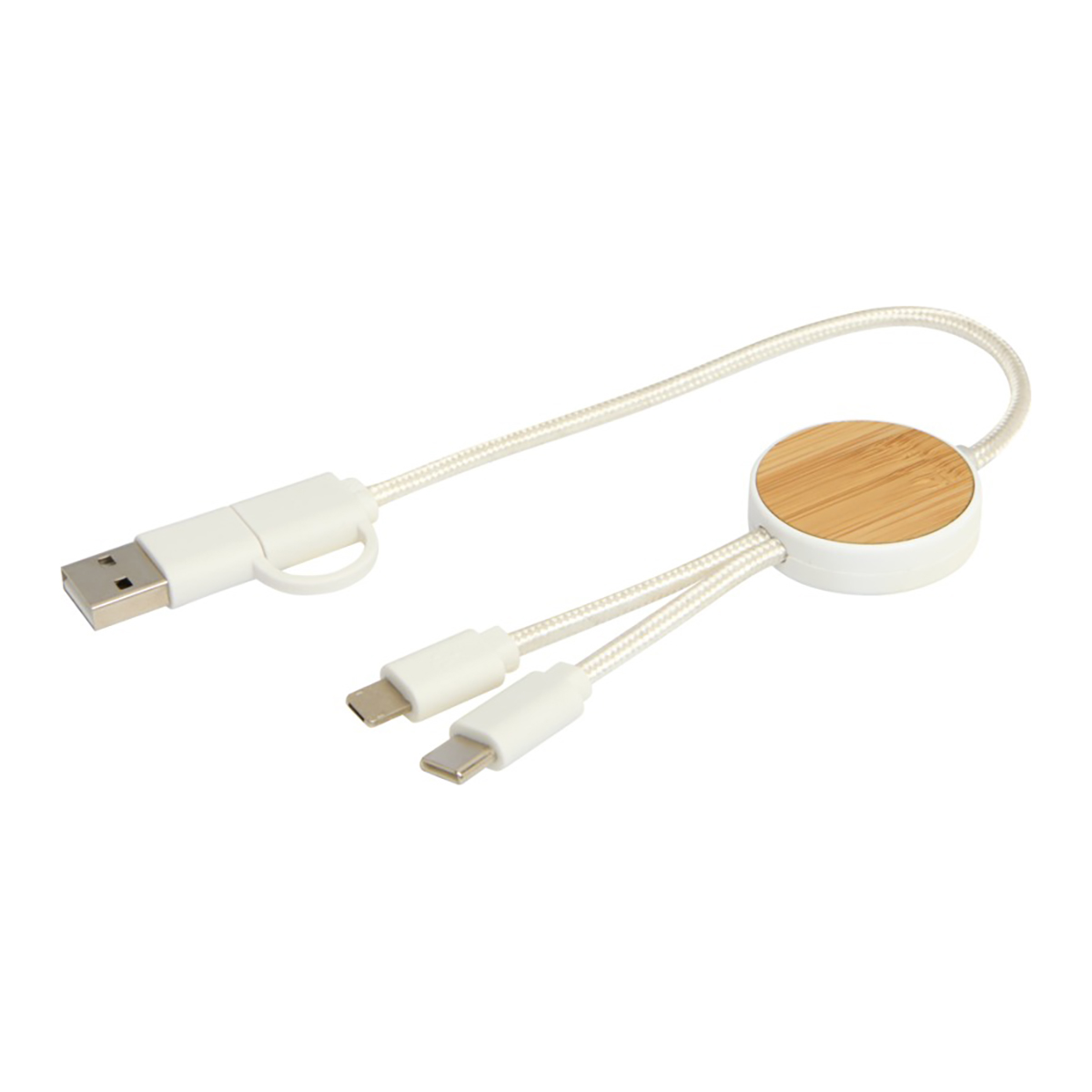5-in-1 oplaadkabel Toby – 30 cm | Gerecycled plastic | Snelladen 27W | Bamboe details