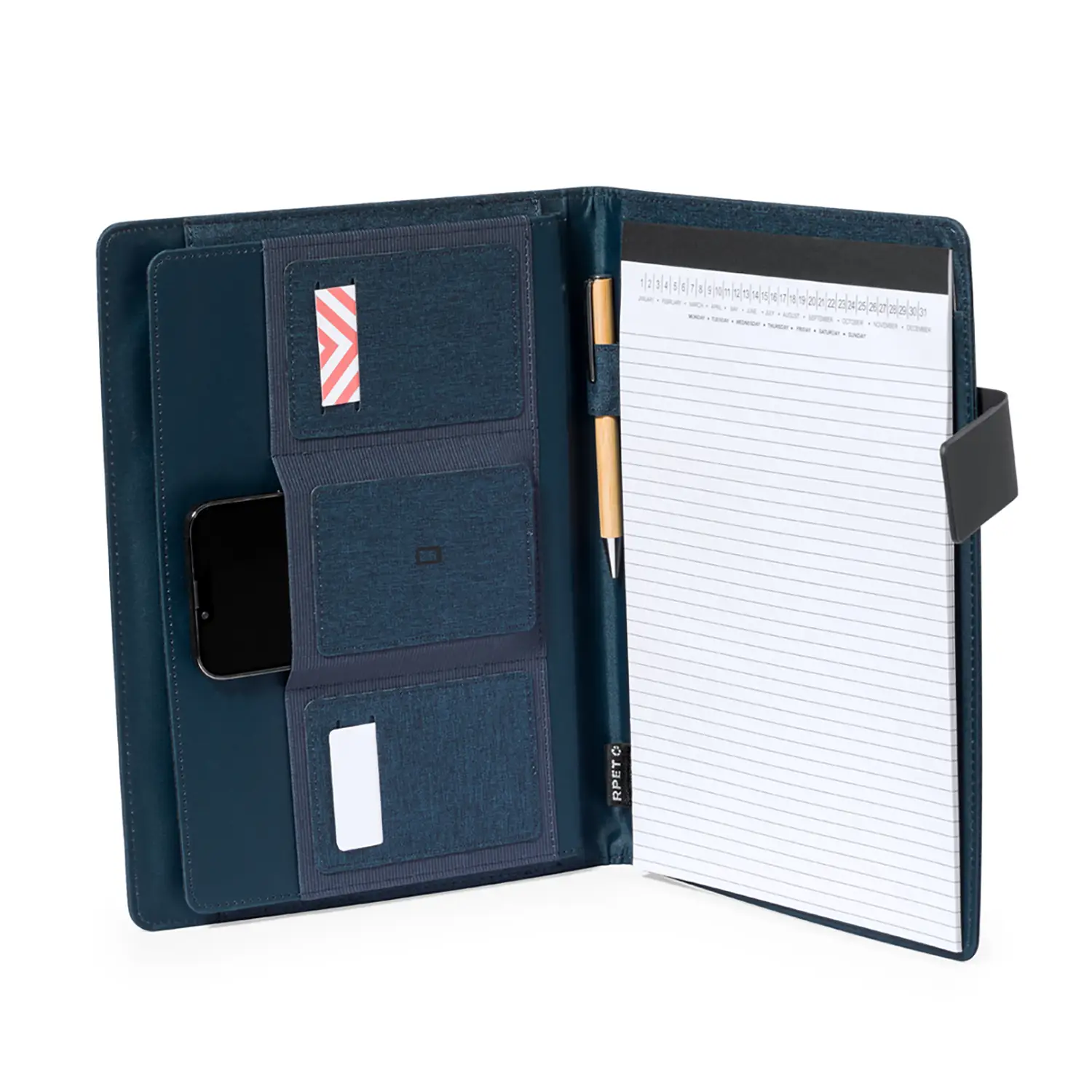 Conférencier en RPET avec bloc-notes – 600D | A4 | Fermeture élastique | Passant stylo