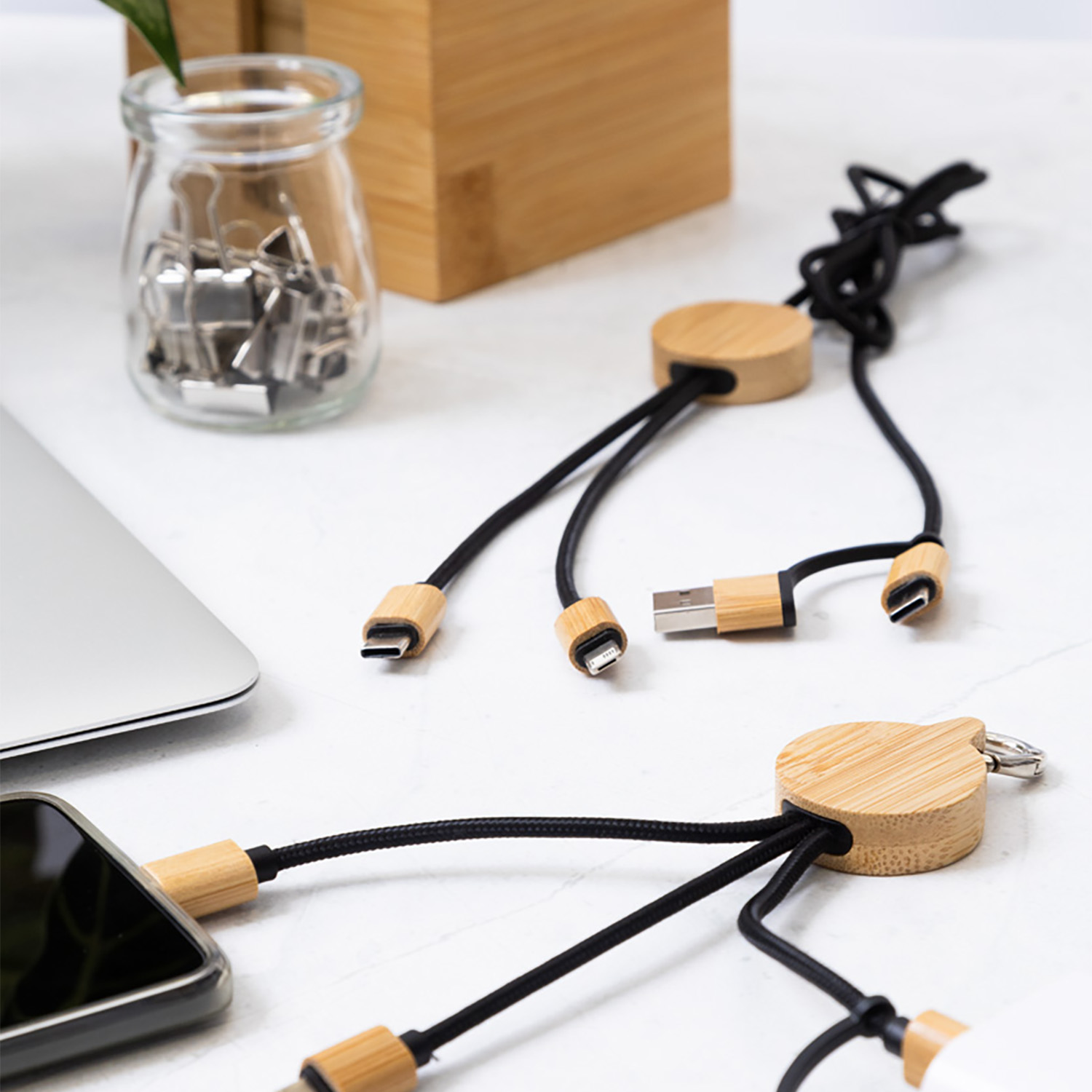 Mini USB-oplaadkabel – RPET & bamboe | 3-in-1 connectors | Met sleutelhanger