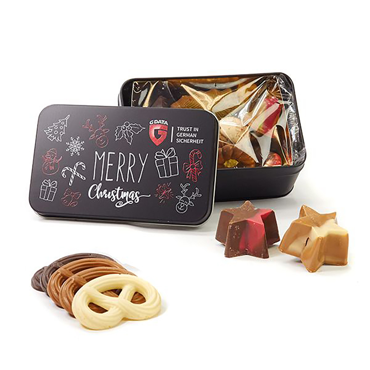 Weihnachtschokolade – 190 g | Mattschwarze Geschenkdose