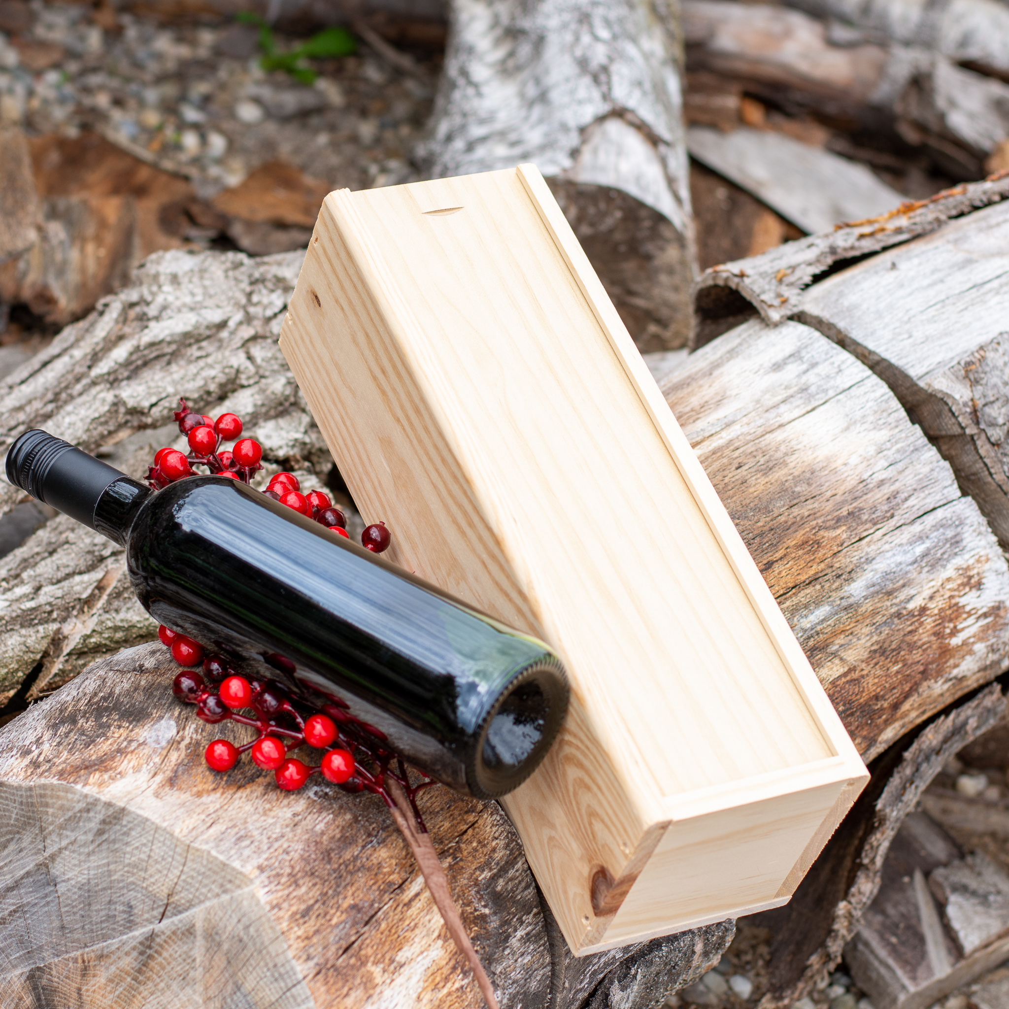 Caisse en bois pour vin – Une bouteille | Bois épais | Couvercle coulissant | Certifié PEFC