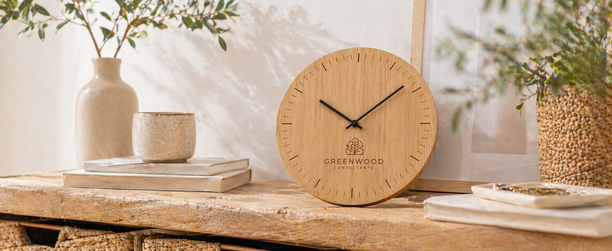 Horloge murale en bambou personnalisée avec logo au bureau