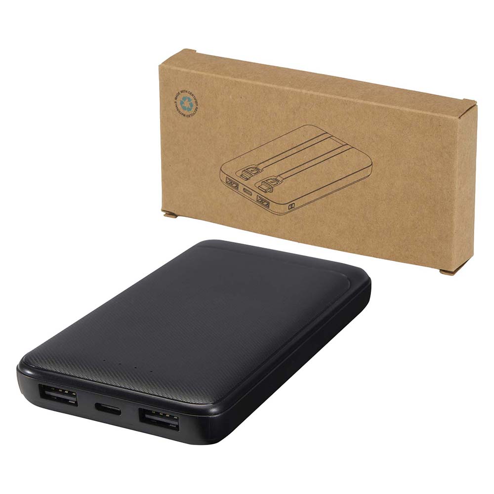 Powerbank aus Recyclingkunststoff – 10.000 mAh | 10W Ausgang | 2 Kabel | LED-Anzeige