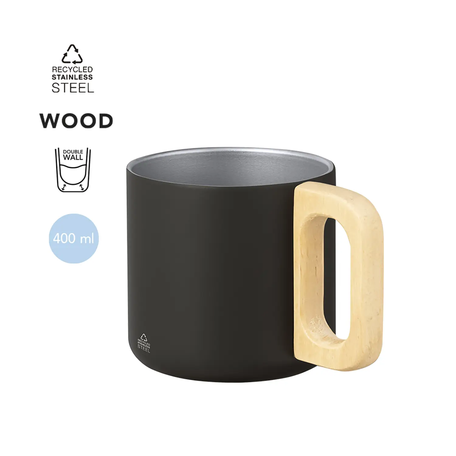 Tasse en acier recyclé – 400 ml | Détail bois | Double paroi | Réutilisable