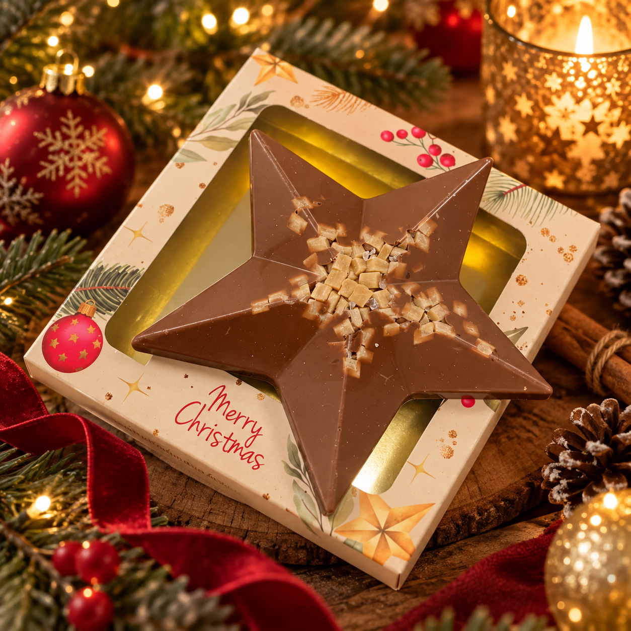 Chocolade kerstster Noor 80 g – Melkchocolade | Karamel-zeezout | Geschenkdoosje