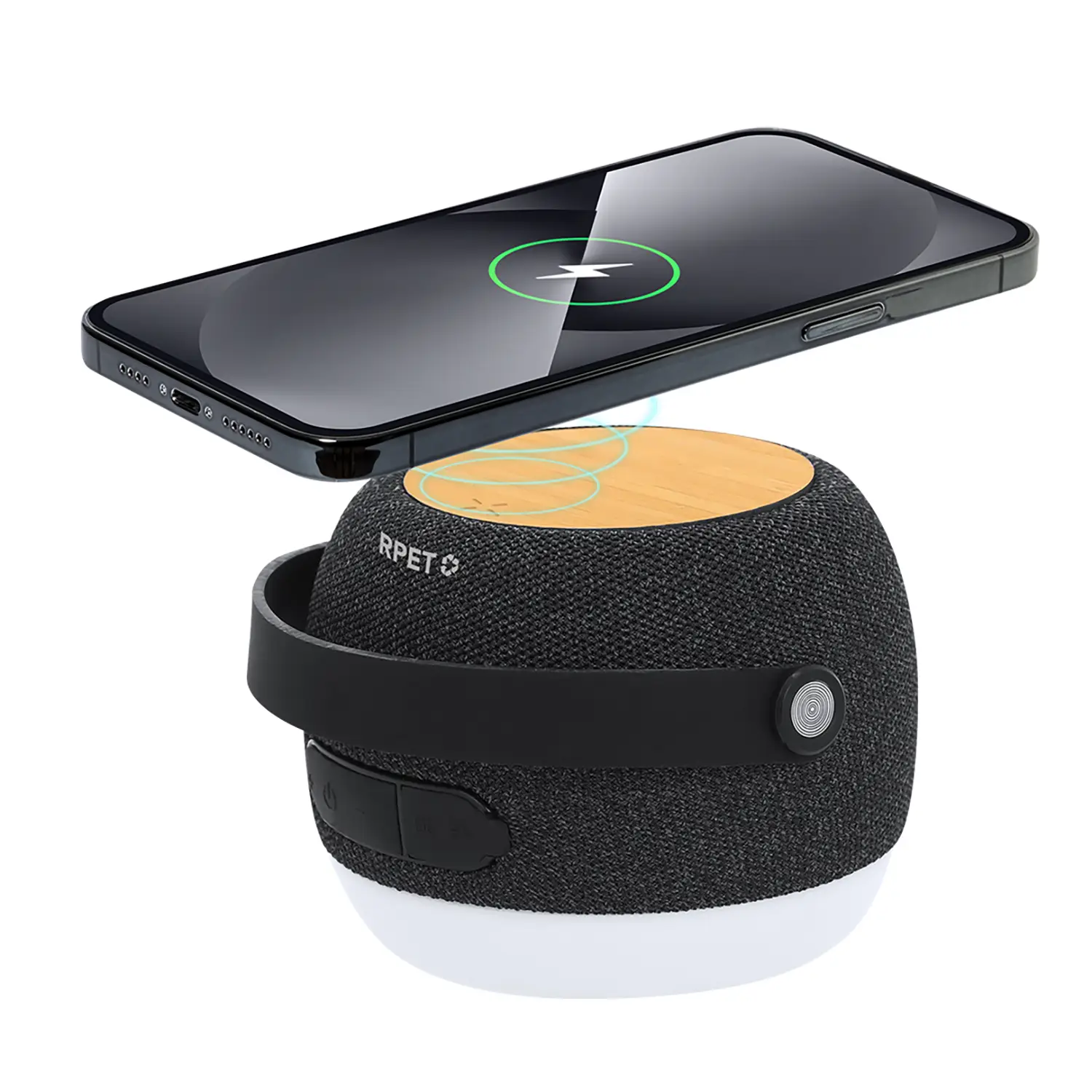 Lautsprecher mit Ladefunktion – 15W kabellos | Bluetooth | LED-Licht | RPET & Bambus
