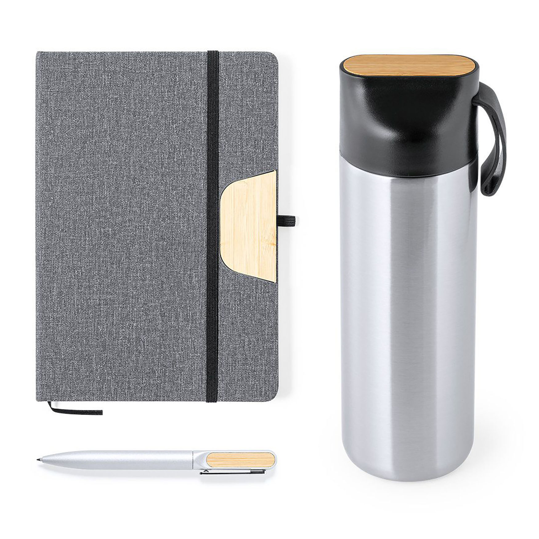 Geschenkset - Thermobecher + Notizbuch + Stift | 640 ml | Edelstahl & Bambus