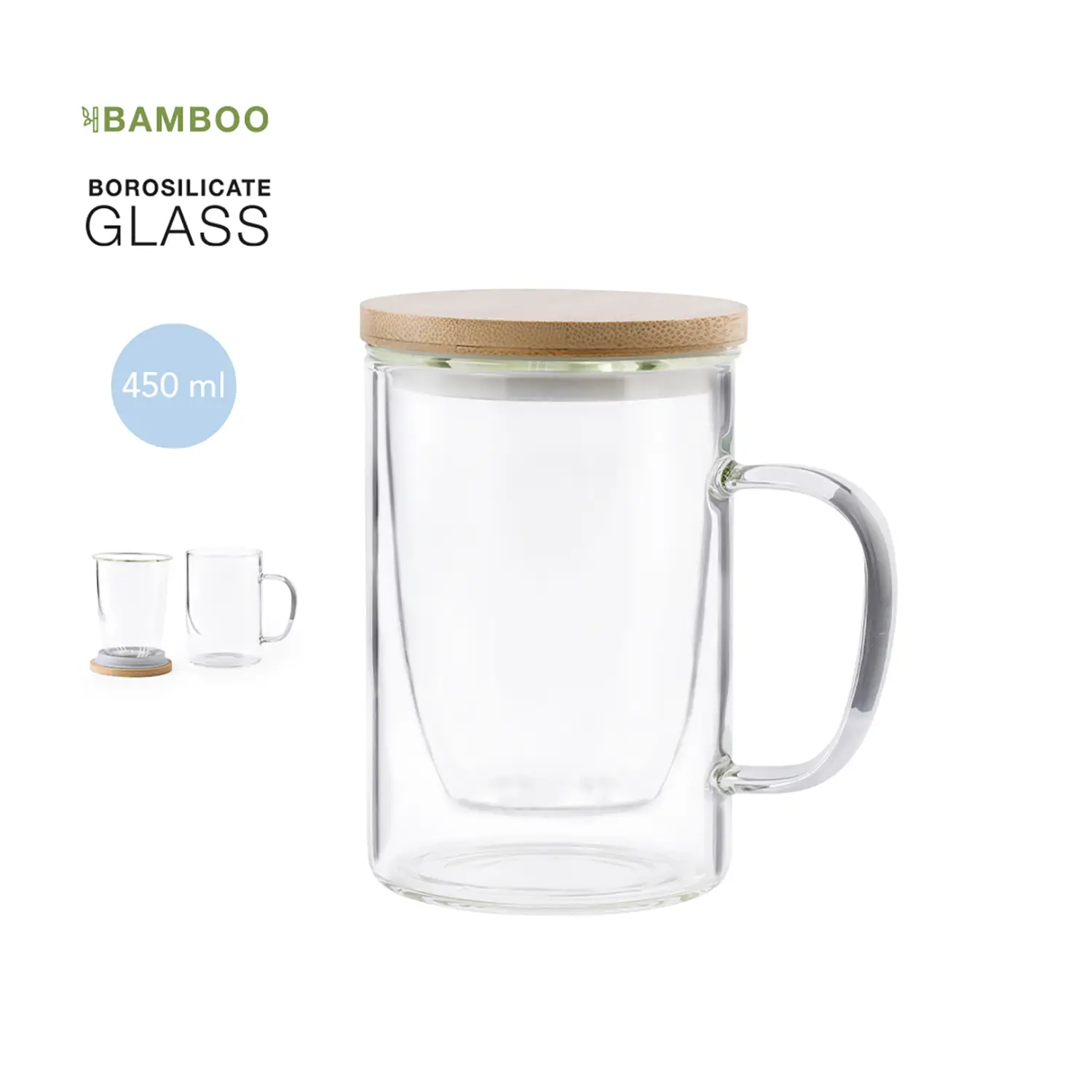 Tasse à thé en verre avec infuseur – 450 ml | Couvercle bambou | Réutilisable | Pratique