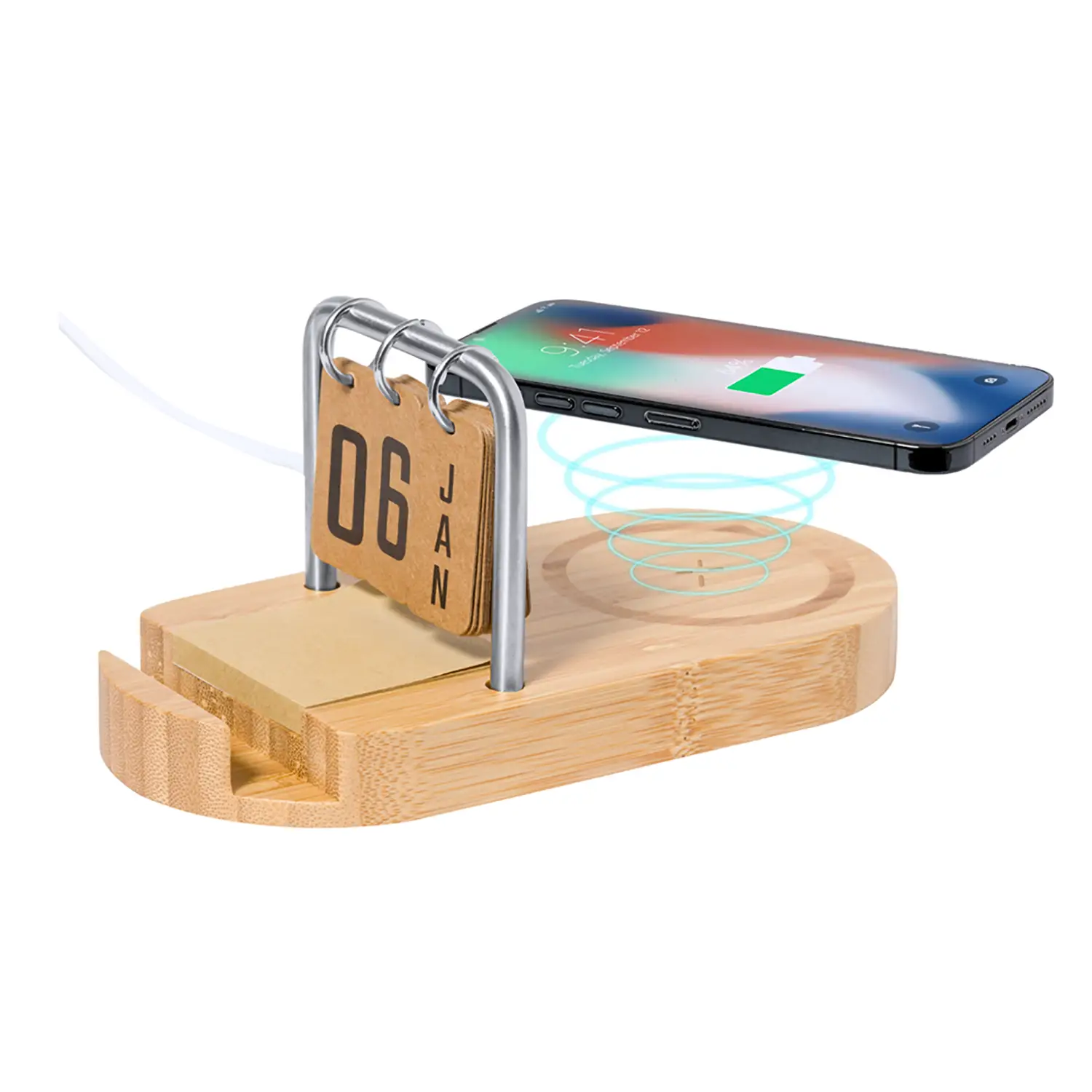 Oplader Leonie – 15W draadloos | Bamboe | Kalender | Smartphonehouder | USB/Type C