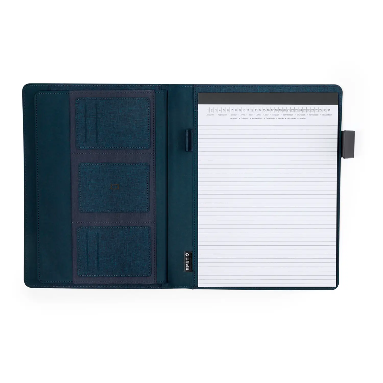 Conférencier en RPET avec bloc-notes – 600D | A4 | Fermeture élastique | Passant stylo