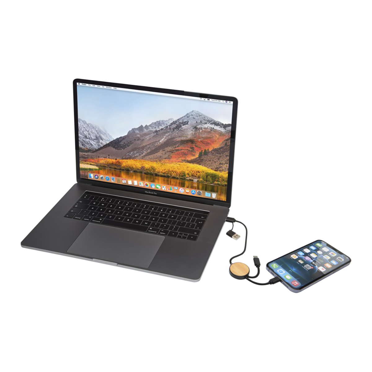 5-in-1 oplaadkabel Toby – 30 cm | Gerecycled plastic | Snelladen 27W | Bamboe details