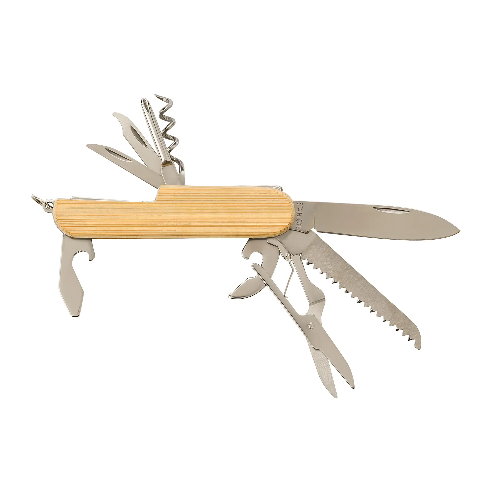 Taschenmesser mit Bambusgriff – 9 Funktionen | Schlüsselring | Natürlich | Leicht