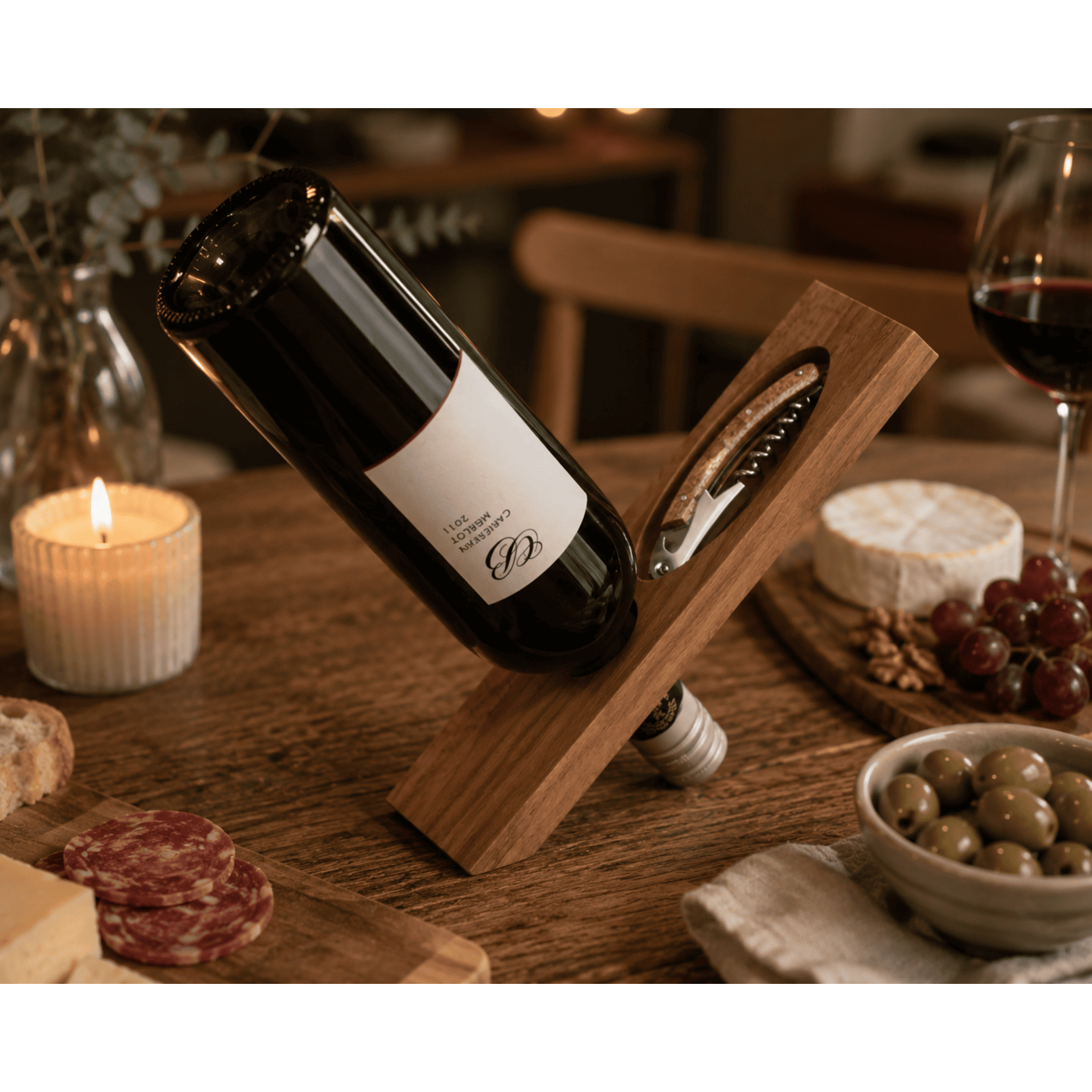 Weinhalter-Set Akazie – Inklusive Kellnermesser | Mit Folienschneider | FSC-zertifiziertes Holz | Flaschenhalter & Aufbewahrungsbox