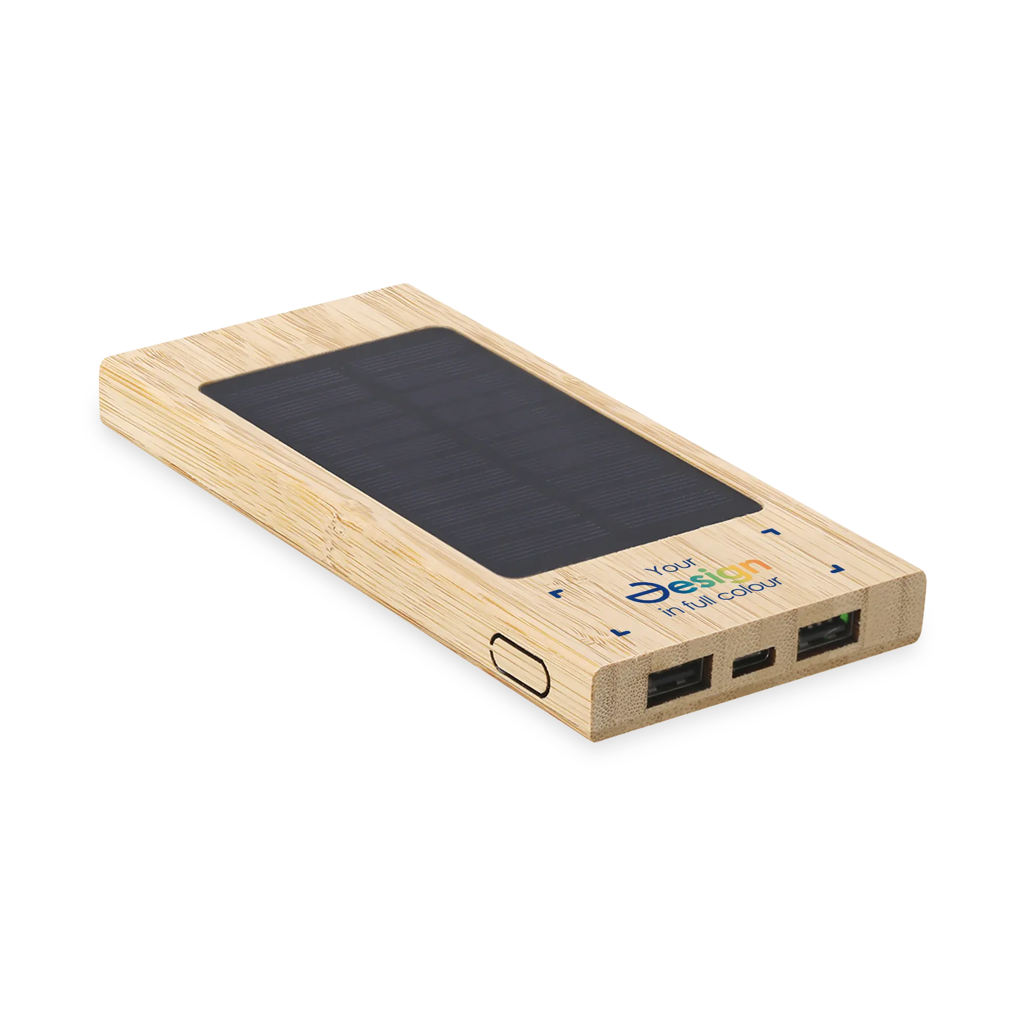 Powerbank Solis – 4000 mAh | Bamboe | Zonnelading | 2 USB-poorten | Type C in/out