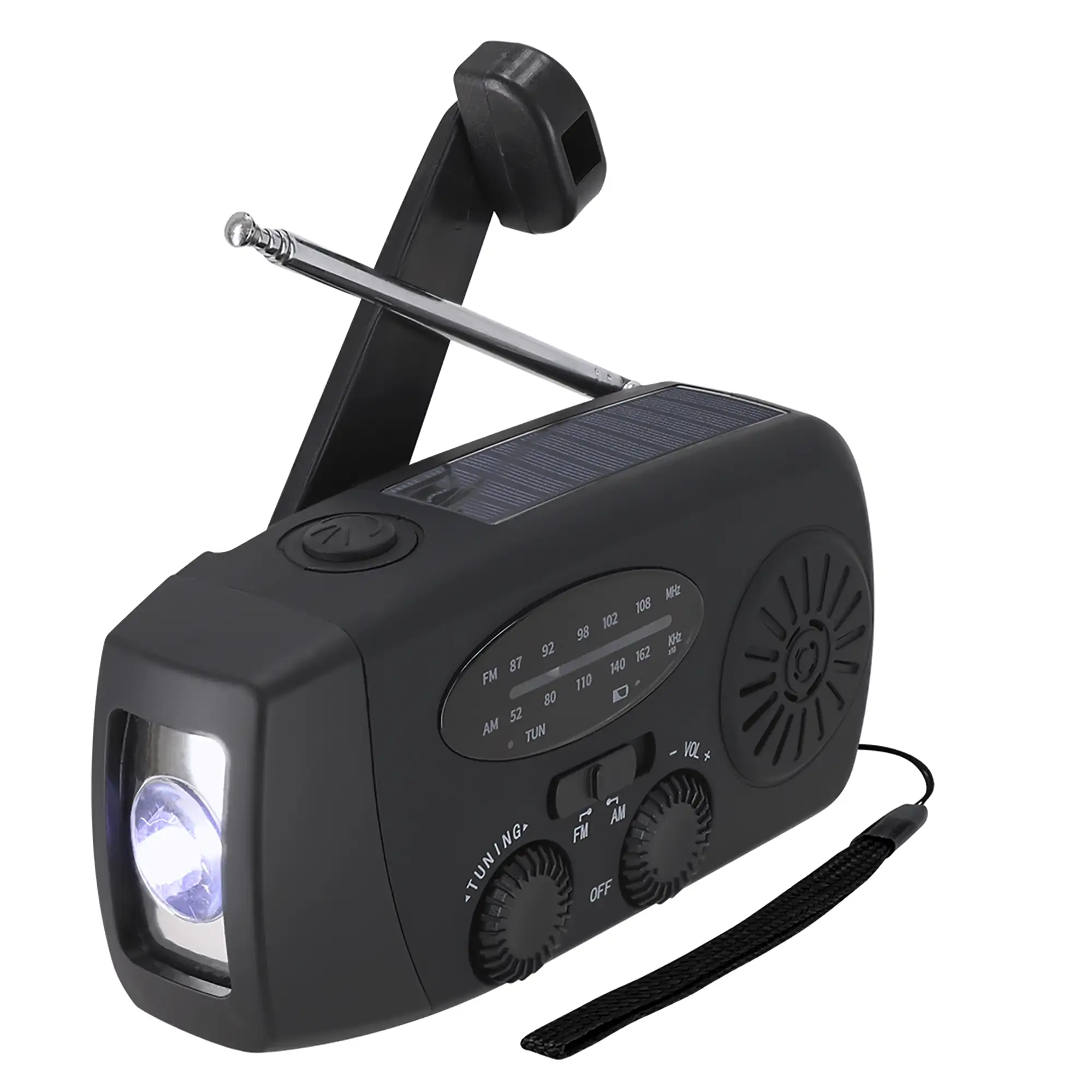Notfallradio – AM/FM | LED-Taschenlampe | Solarpanel | Dynamo | 2000 mAh | USB-Ausgang