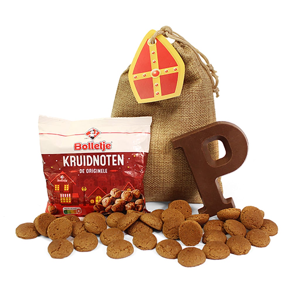 Pochette en jute – 90 g | Biscuits Bolletje | Lettre en chocolat | Étiquette personnalisée
