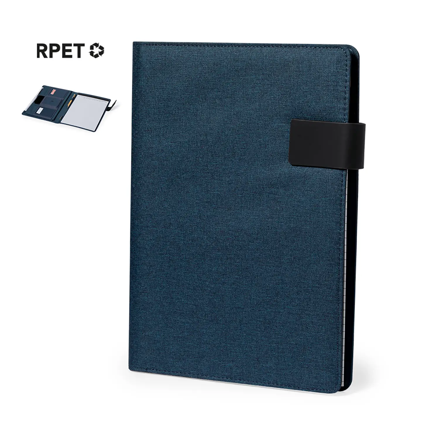 Conférencier en RPET avec bloc-notes – 600D | A4 | Fermeture élastique | Passant stylo