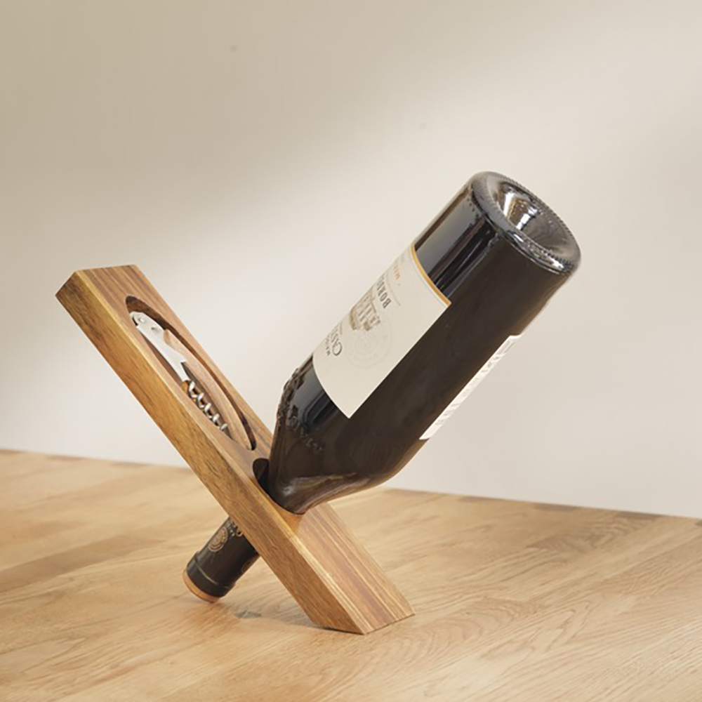 Set porte-bouteille Acacia – Inclus tire-bouchon de sommelier | Avec coupe-capsule | Bois certifié FSC | Support à bouteille & boîte de rangement