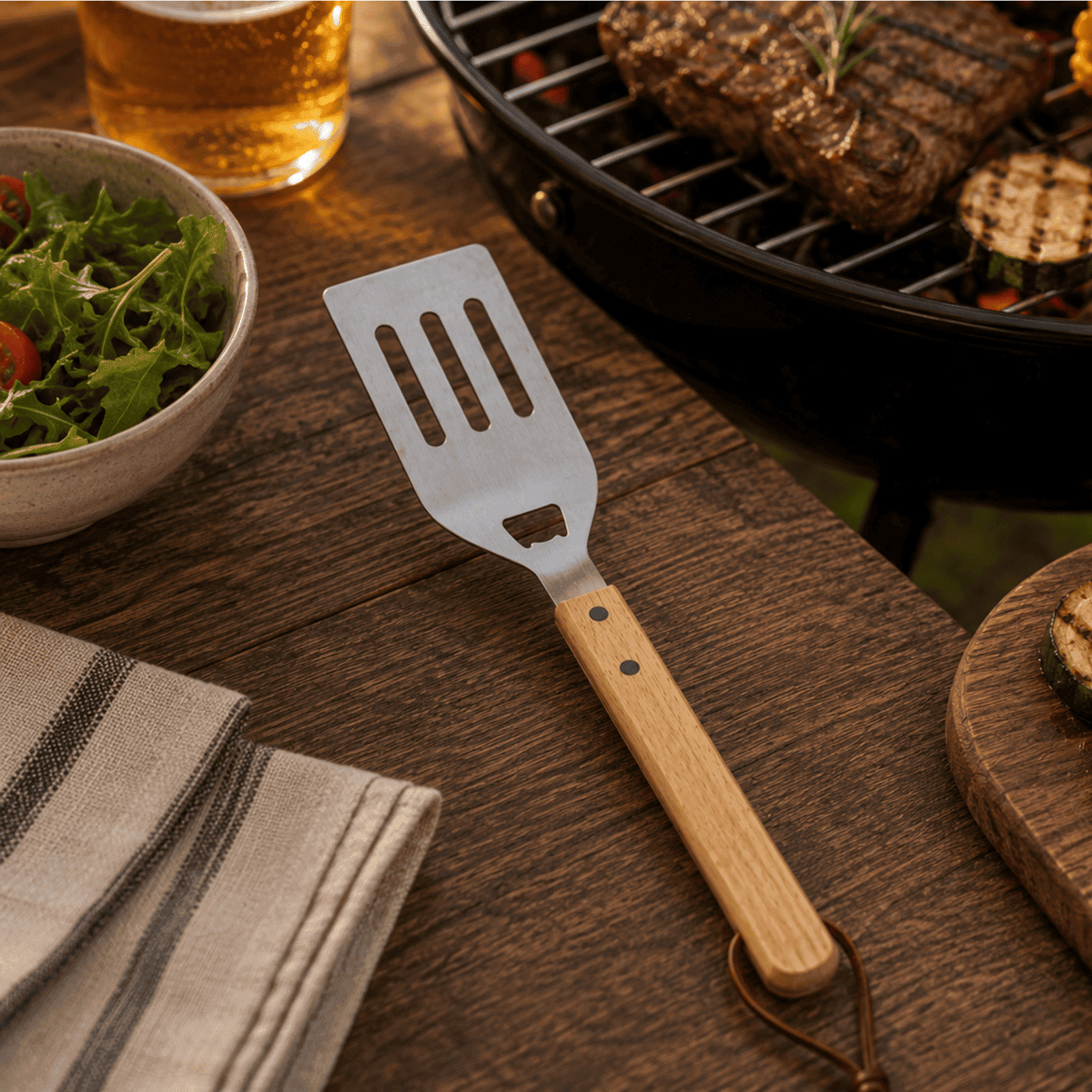 BBQ-spatel Daan – Geïntegreerde flesopener | Roestvrij staal | Beukenhouten handvat