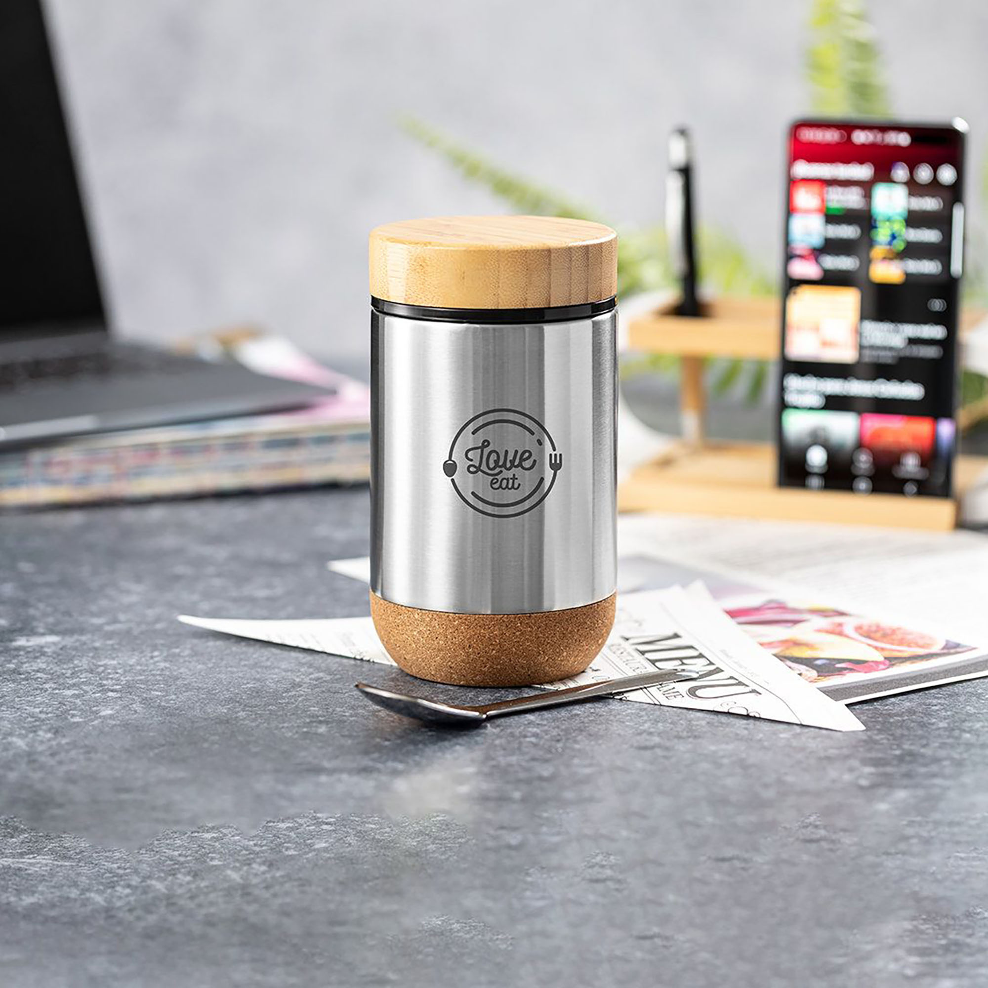 Boîte à déjeuner – 450 ml | Couvercle en bambou | Cuillère en acier inoxydable incluse | Isolation à double paroi
