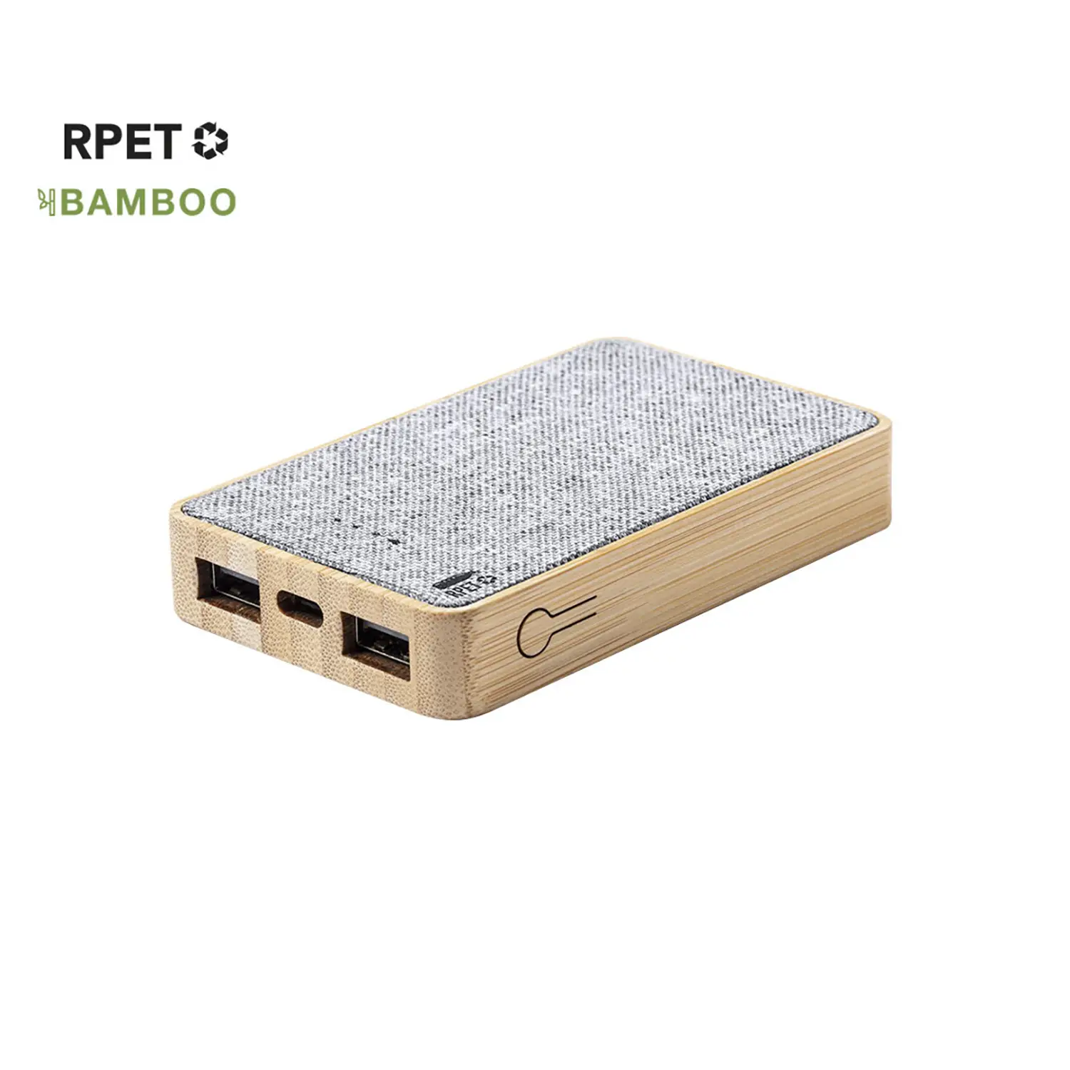 Batterie externe 5000 mAh RPET – Détail bambou | Double USB | Compacte