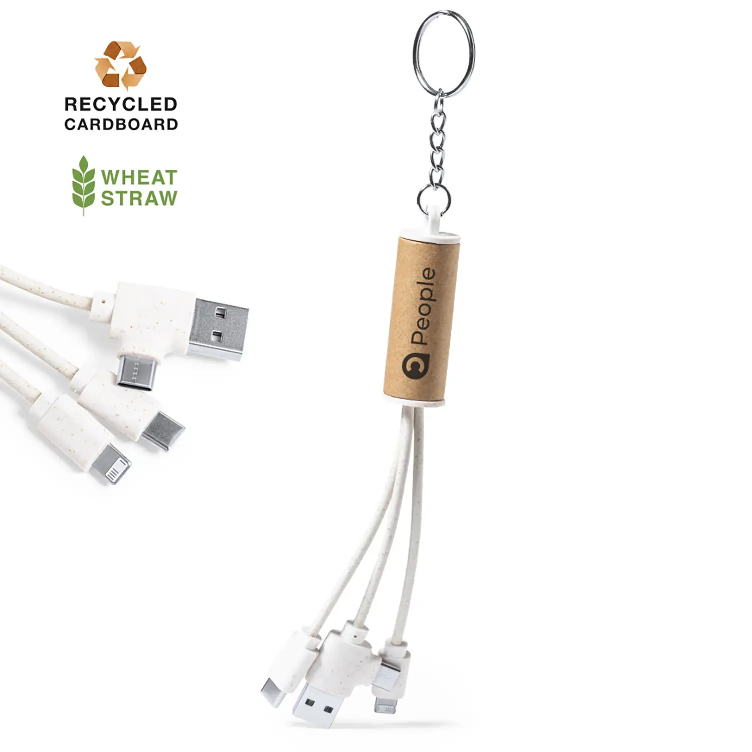 Câble éco avec anneau – Carton recyclé | Paille de blé | USB | Porte-clés