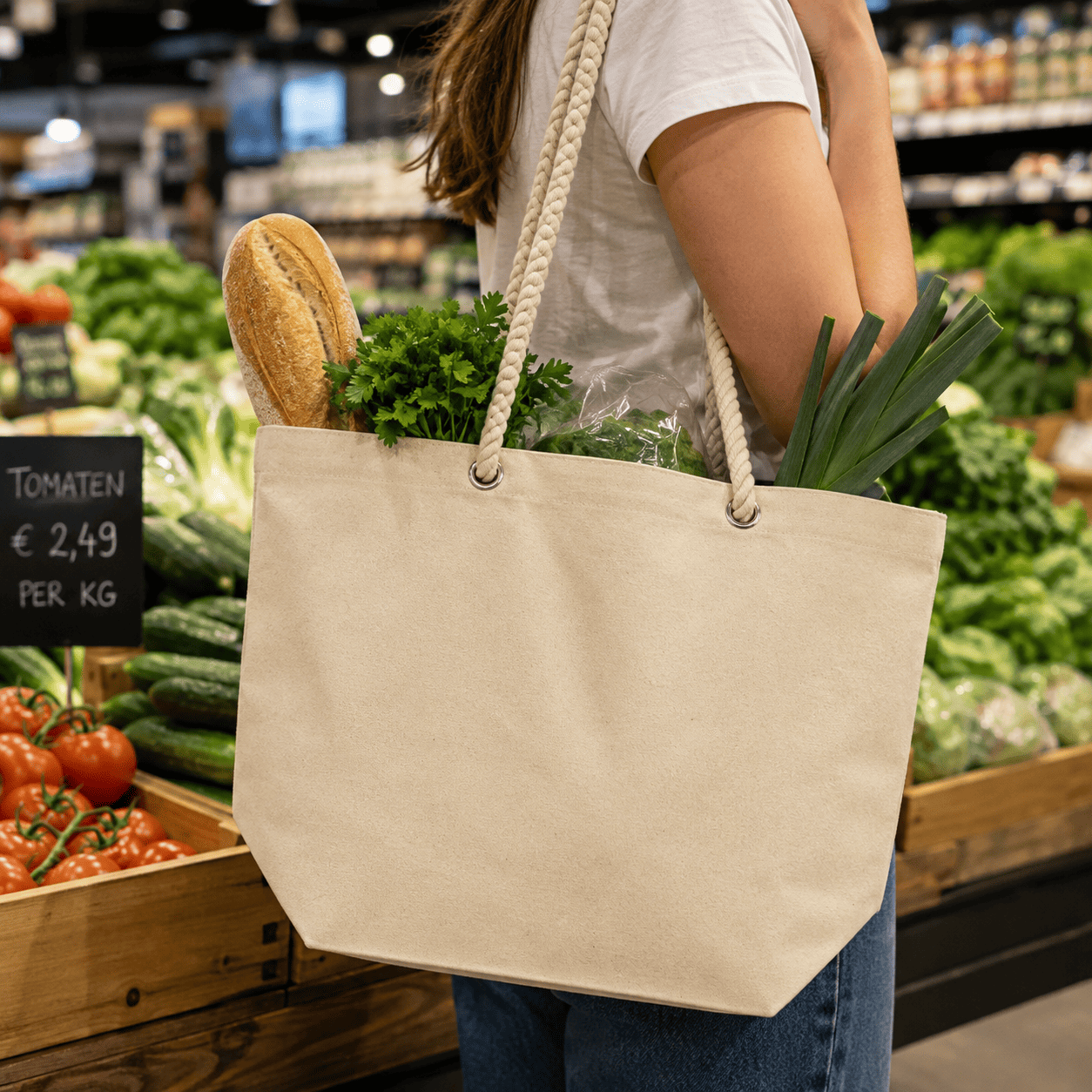 Baumwolltasche - Robustes 220 g/m² Baumwolle | 90 cm Griffe | Tragkraft 10 kg