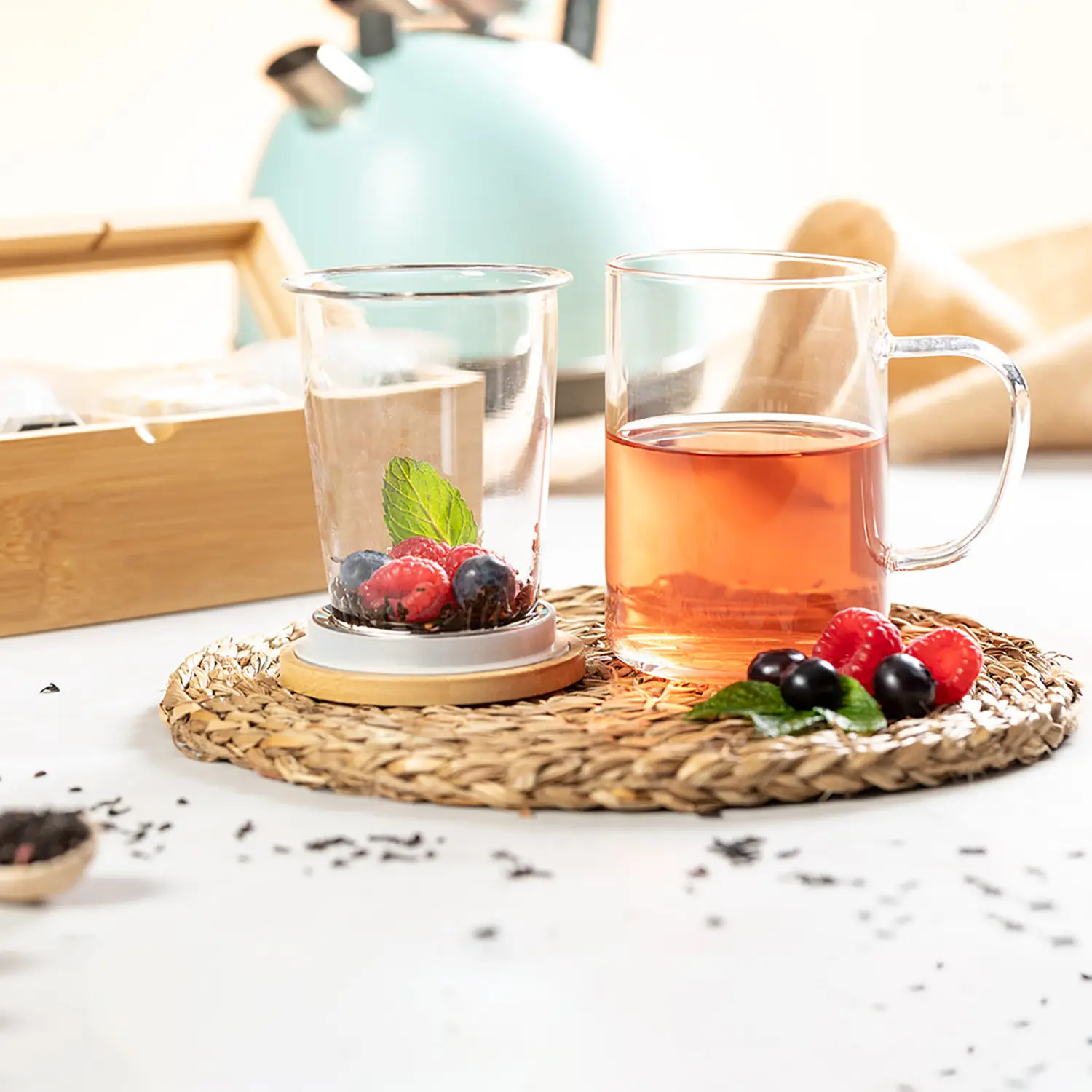 Tasse à thé en verre avec infuseur – 450 ml | Couvercle bambou | Réutilisable | Pratique