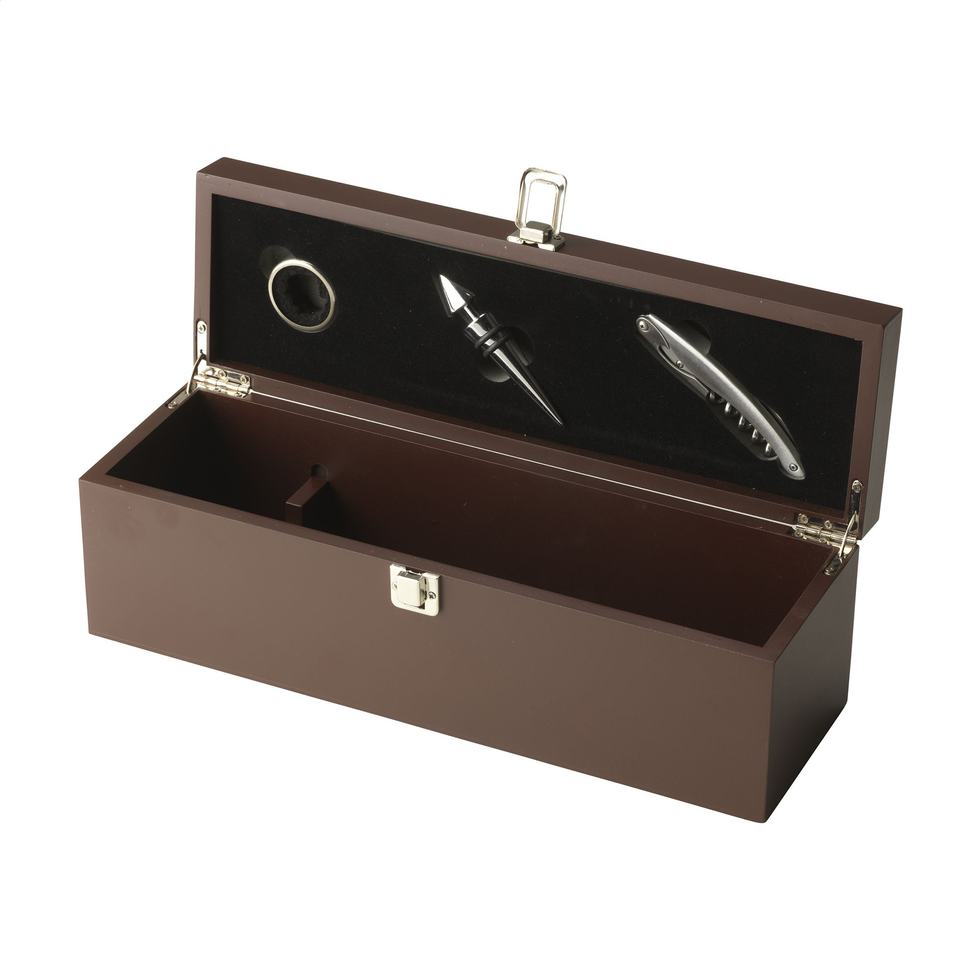 Wijnkist Lio – Hout | Met druppelvanger | Flessenstop | RVS kelnermes | Cadeautip