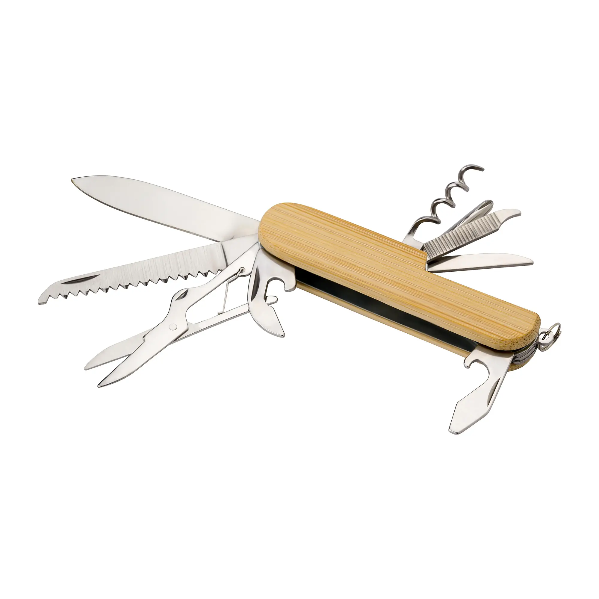 Taschenmesser mit Bambusgriff – 9 Funktionen | Schlüsselring | Natürlich | Leicht