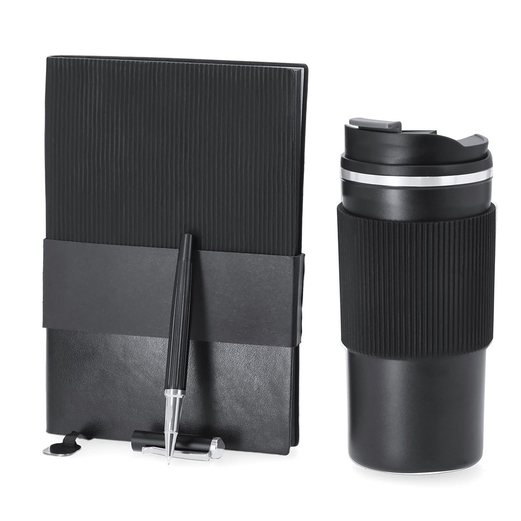 Geschenkset - Thermobecher + Notizbuch + Stift | 470 ml | Edelstahl & PU