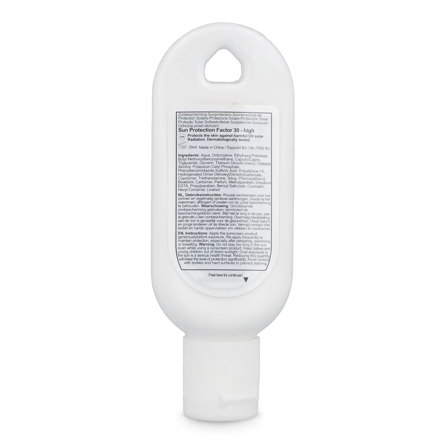 Zonnebrandtube – SPF 30 | 30 ml | Met oogje | Voor sleutelbos of tas | Snel leverbaar