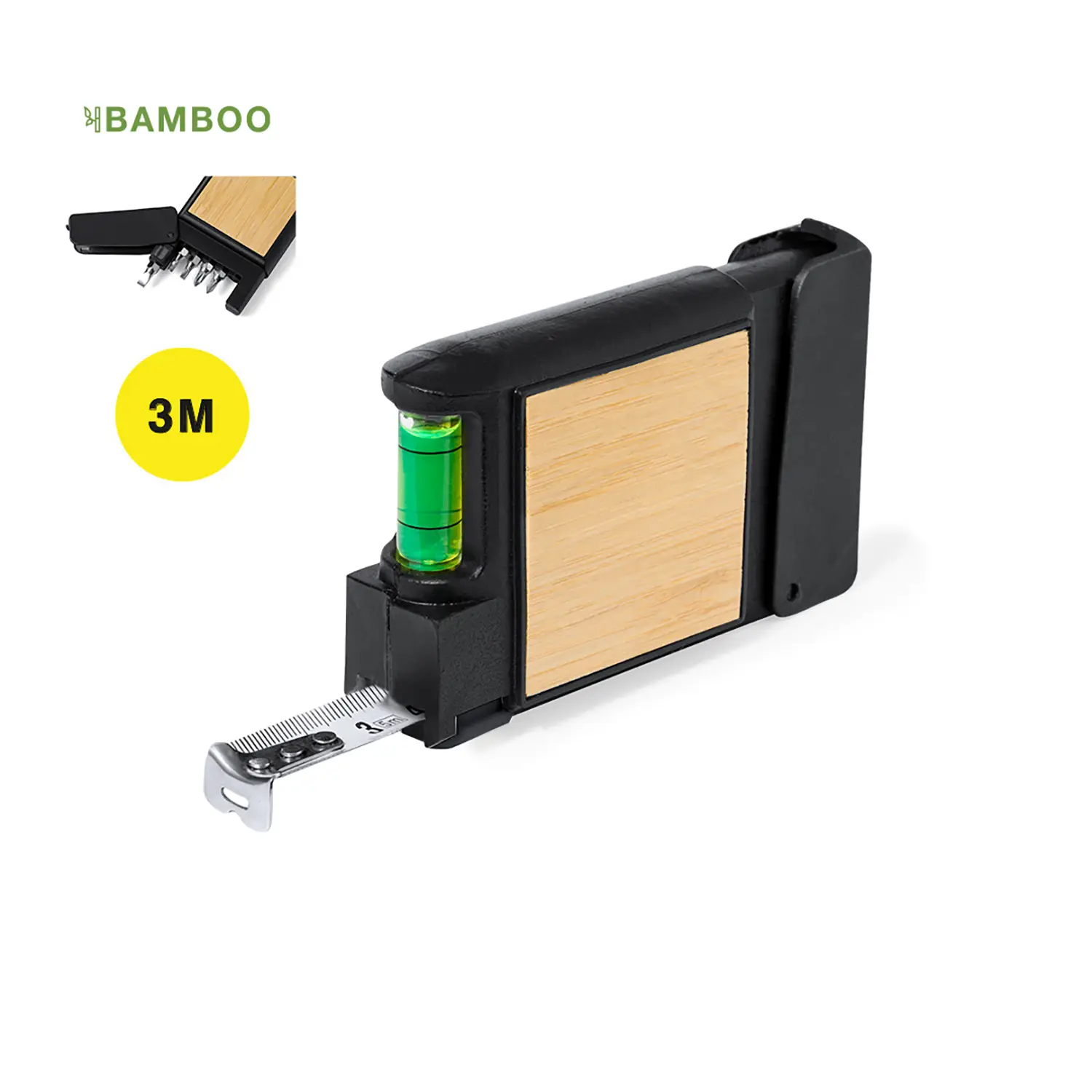 3m Multitool-Maßband aus Bambus – Schraubenzieher | 7 Funktionen | Wasserwaage | Kompakt