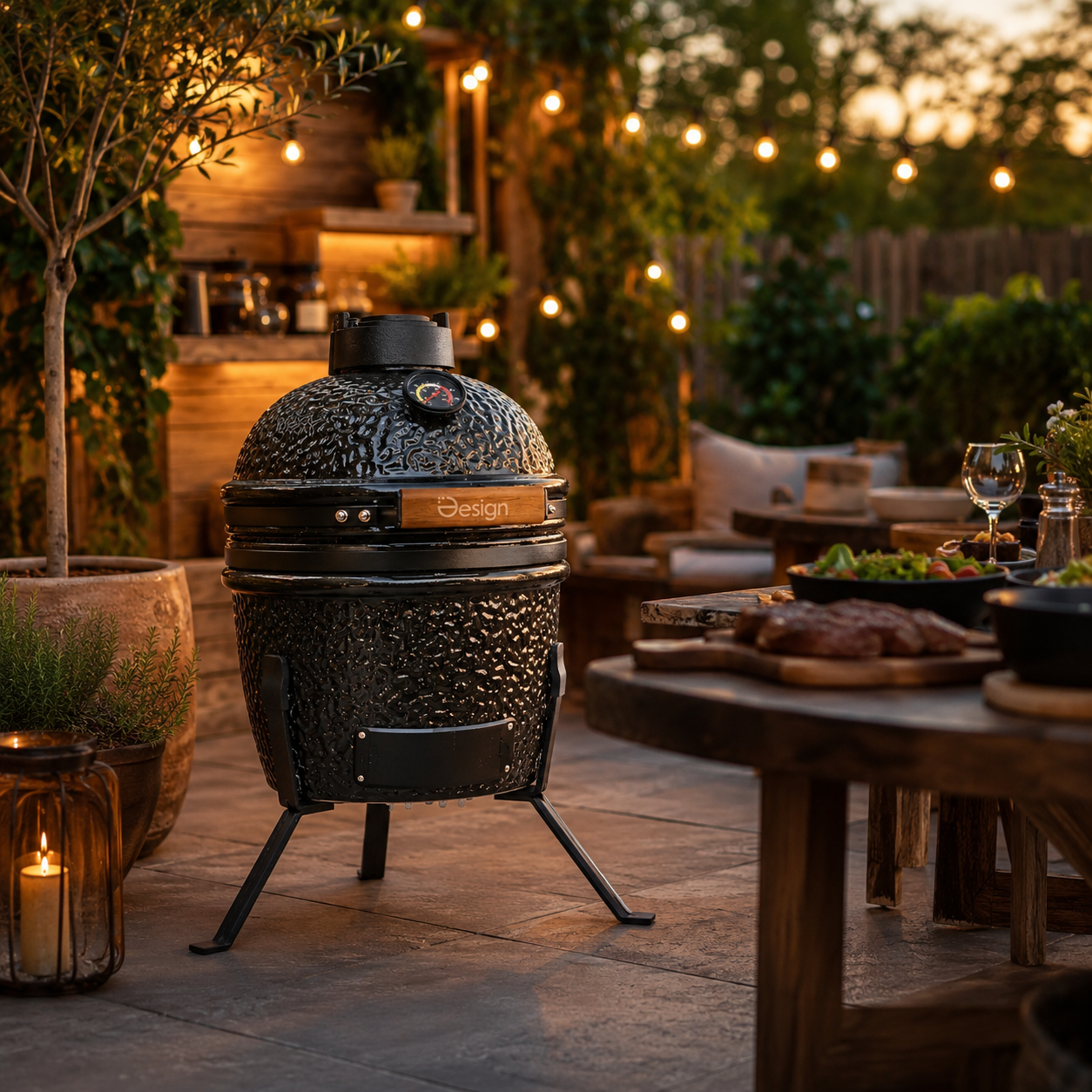 Schwarzer Keramik-Kamado-Grill – 13 Zoll | Kompakt | Mit Gravurgriff | Integriertes Thermometer