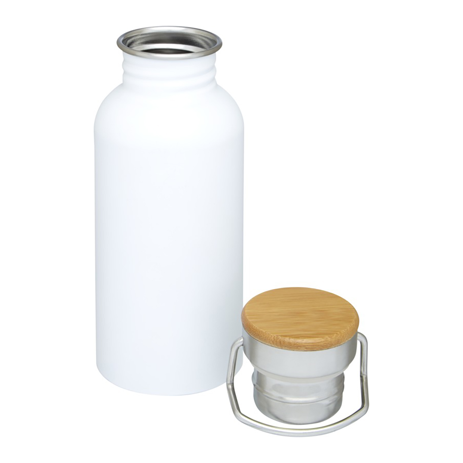 Bouteille – 550 ml | Acier inox simple paroi | Bouchon en bambou | Anse de transport