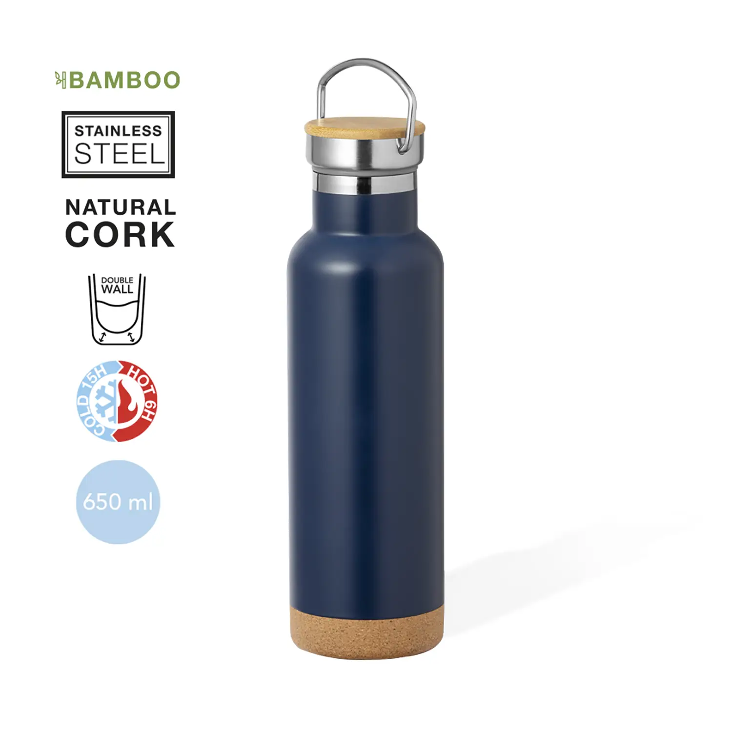 Borraccia termica in acciaio inox – 650 ml | Tappo in bambù | Dettaglio in sughero | Ermetica