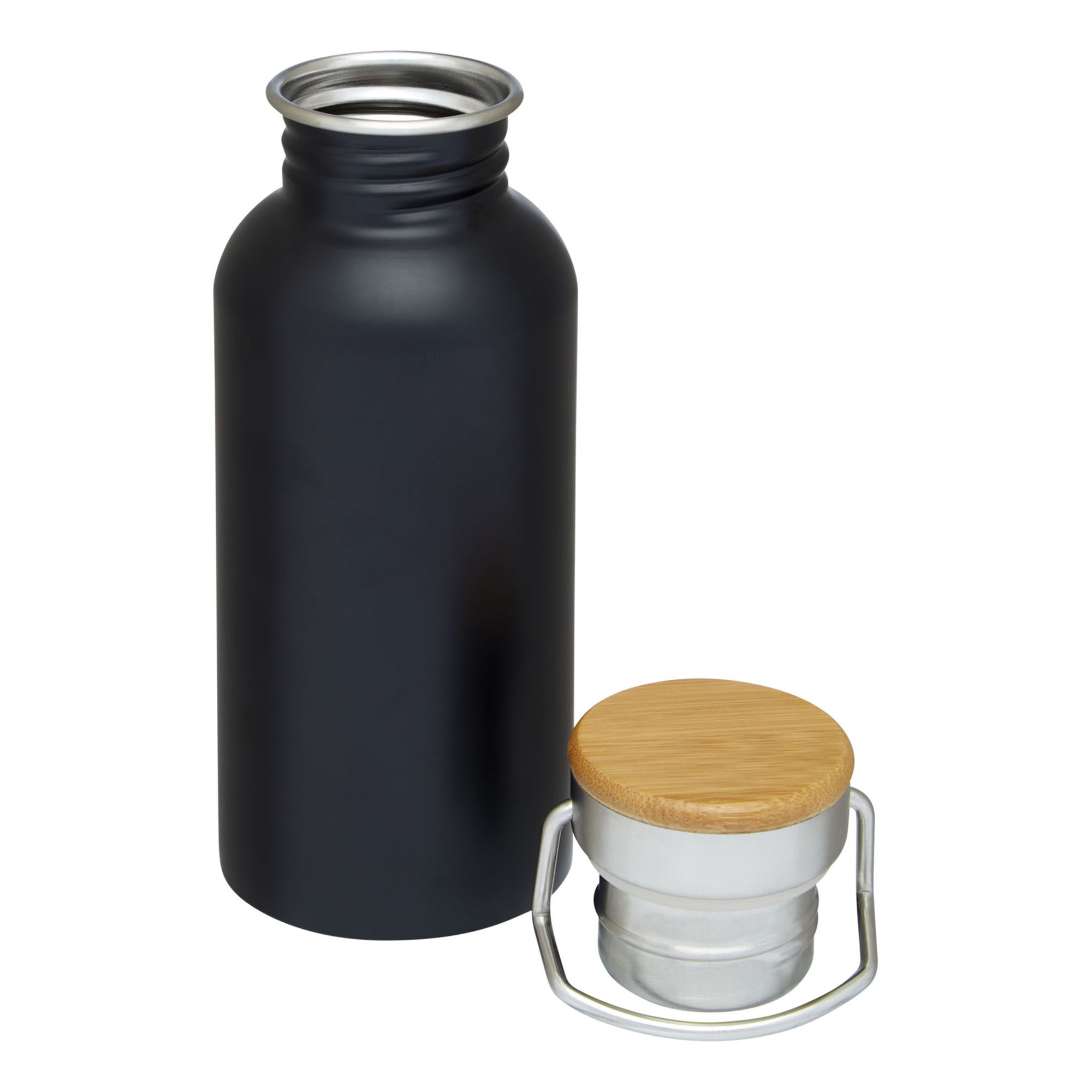 Bouteille – 550 ml | Acier inox simple paroi | Bouchon en bambou | Anse de transport