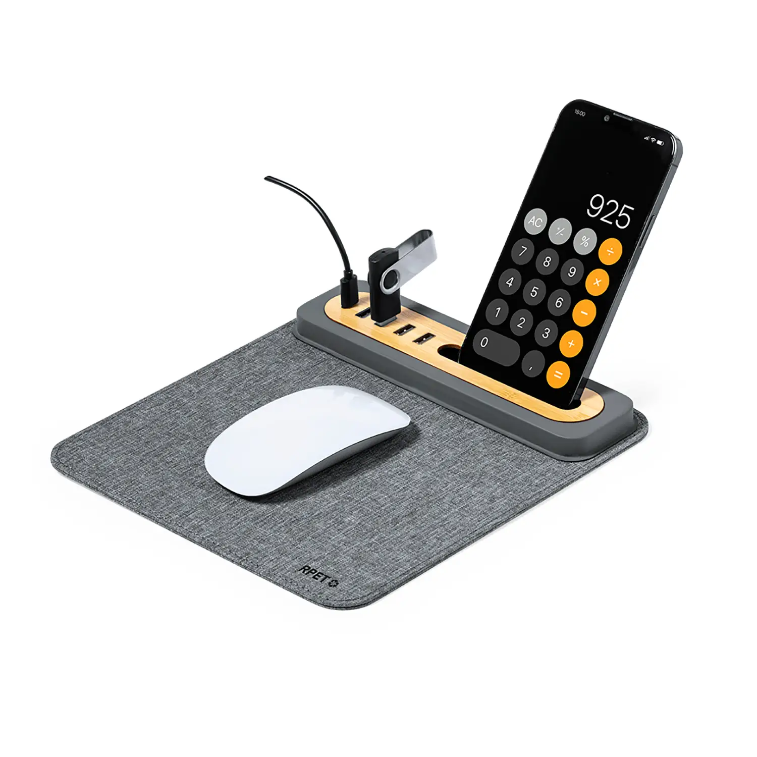 Mouse pad con hub USB – 4 porte | RPET e bambù | Antiscivolo | Con type-C