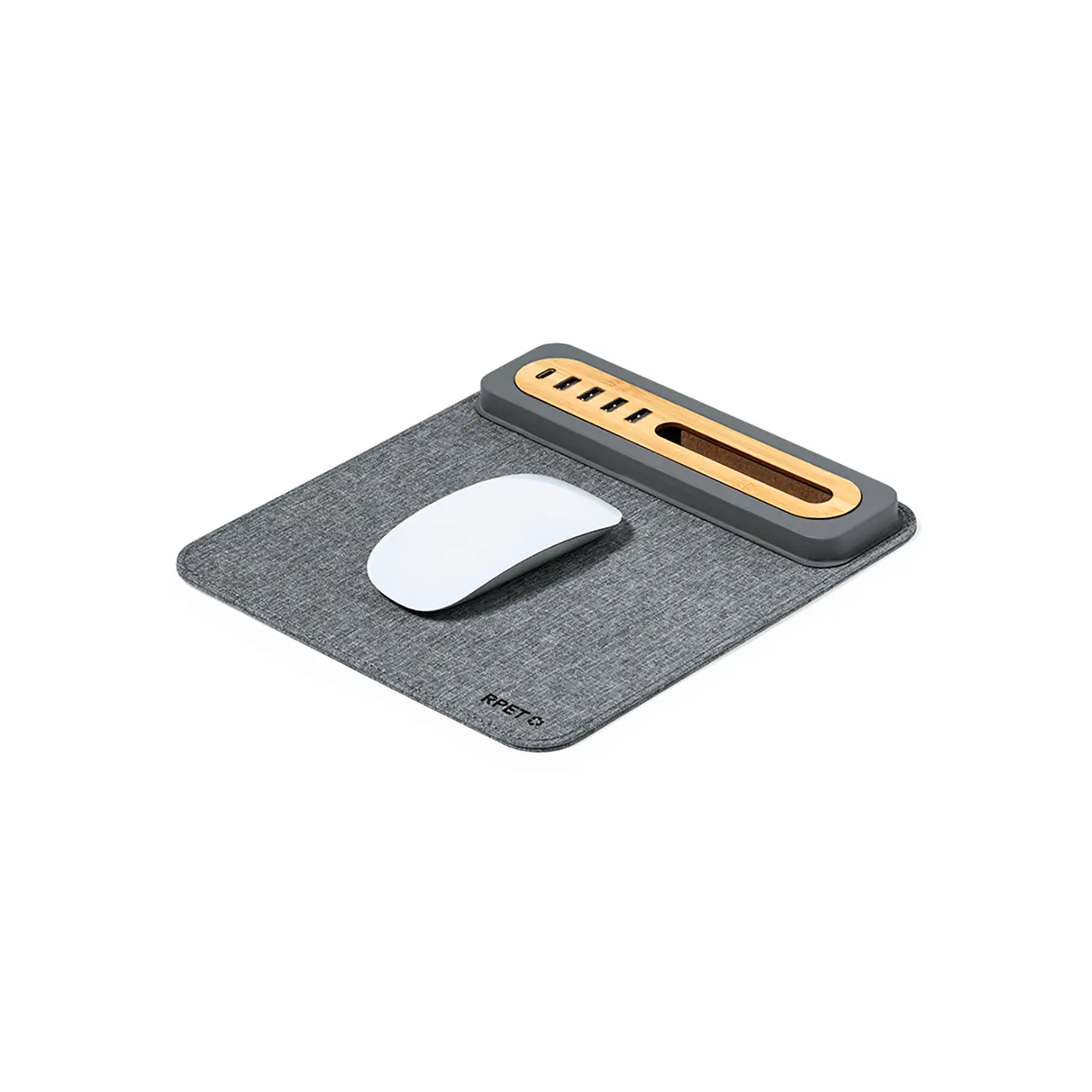 Mouse pad con hub USB – 4 porte | RPET e bambù | Antiscivolo | Con type-C