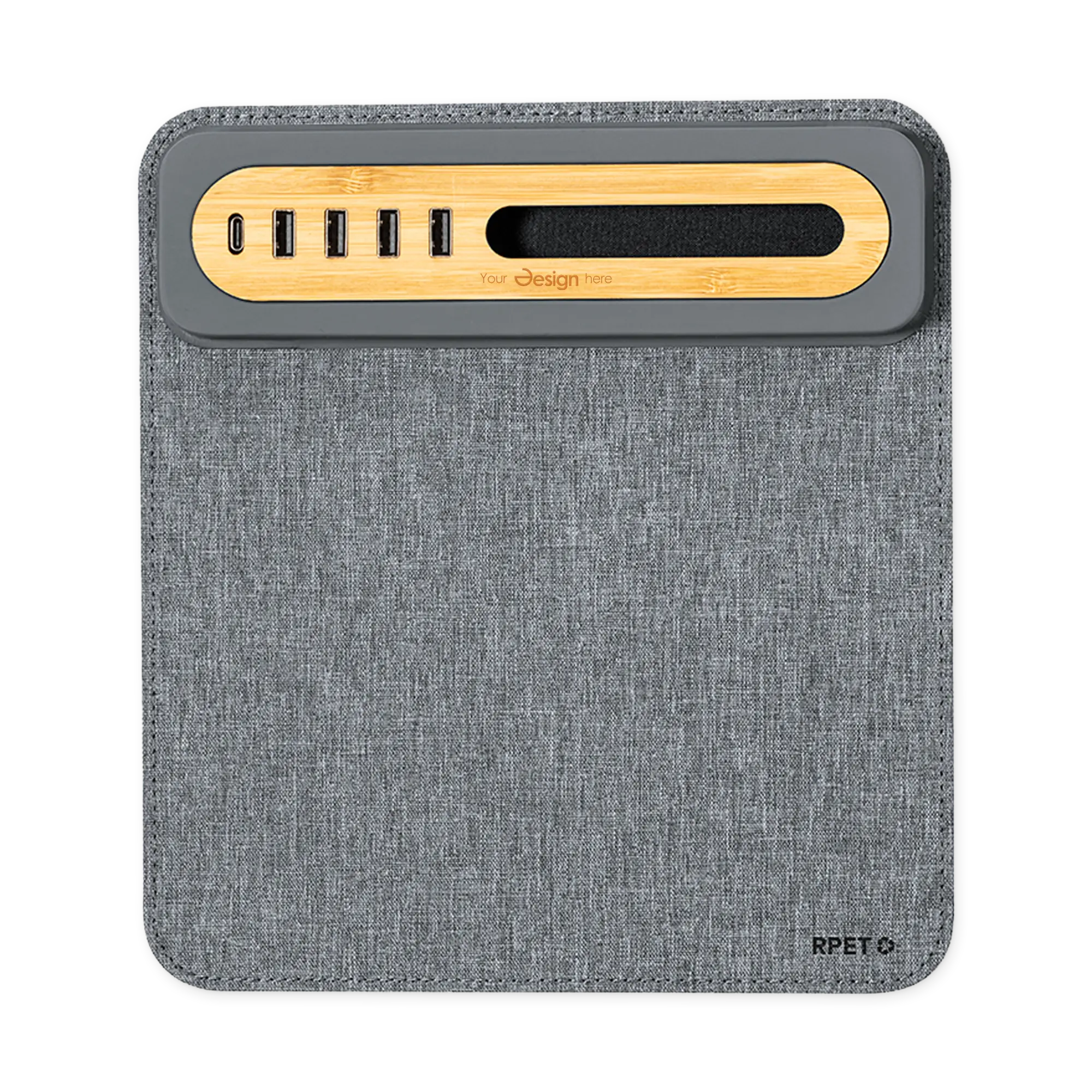 Tapis de souris avec hub USB – 4 ports | RPET et bambou | Antidérapant | Type-C inclus