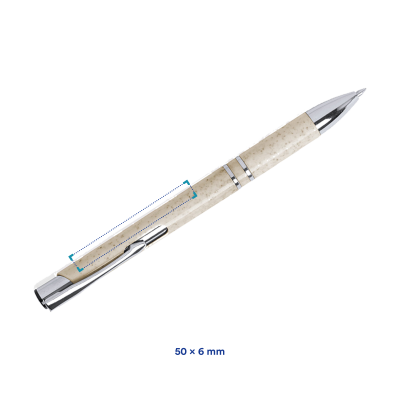 Stylo en paille de blé | Avec détails métalliques | Encre bleue | Impression jusqu'à 4 couleurs