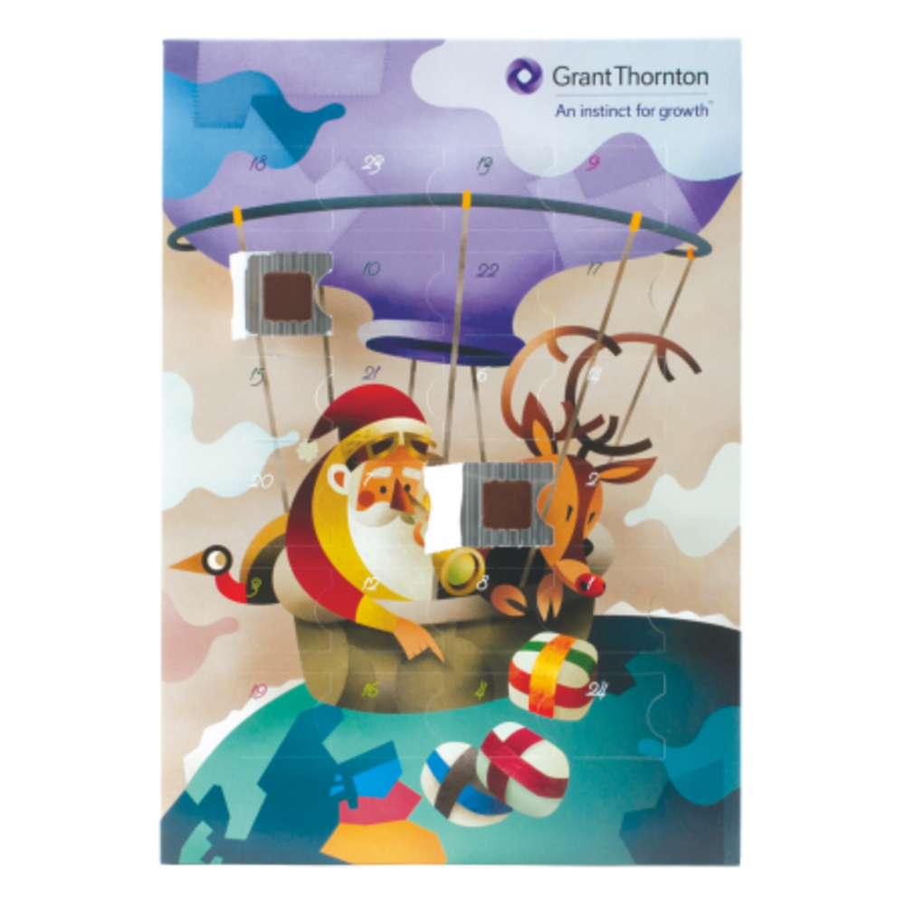 Adventskalender A4 – Chocolat belge Callebaut 60 g | Impression en quadrichromie | 24 cases