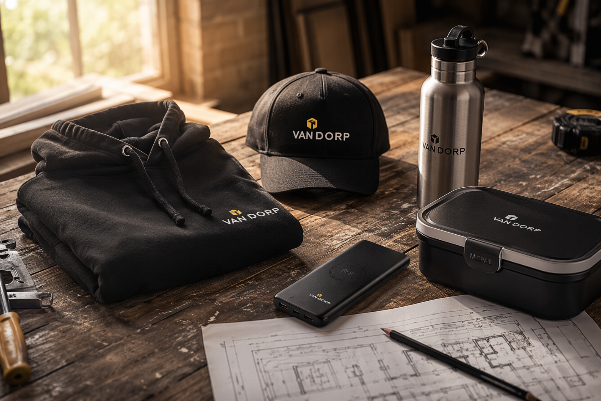 Luxe geschenkpakket voor de bouw met bedrukte kleding, lunchbox en technische gadgets op een werkbank - Maxilia